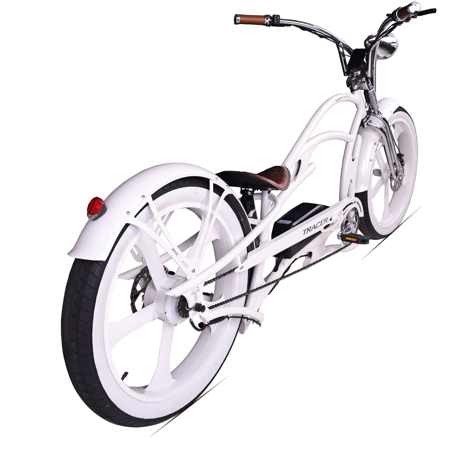 Raptor Pro DS 800W Stretch Cruiser Ebike, viewing from the back.