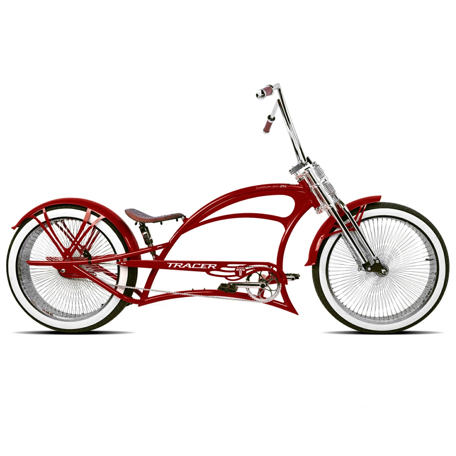 Scorpion Pro DTS 26” Stretch Chopper Cruiser Bicycle in vibrant red with chrome accents and FAT white wall tires.
