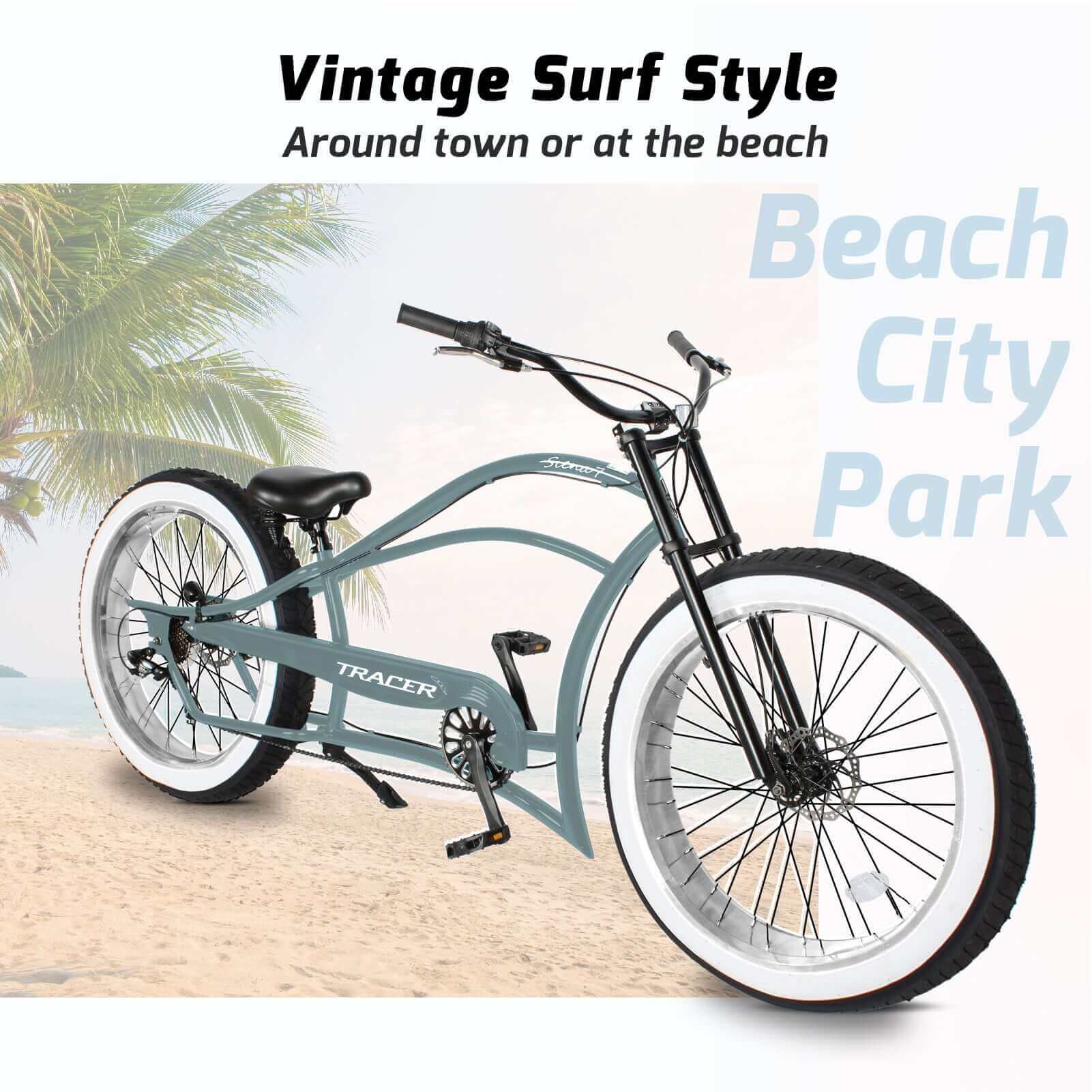 Tracer Siena 26'' Chopper Stretch Cruiser Bike 1 Speed/7 Speed, suitable for beach, park, and city cruising.