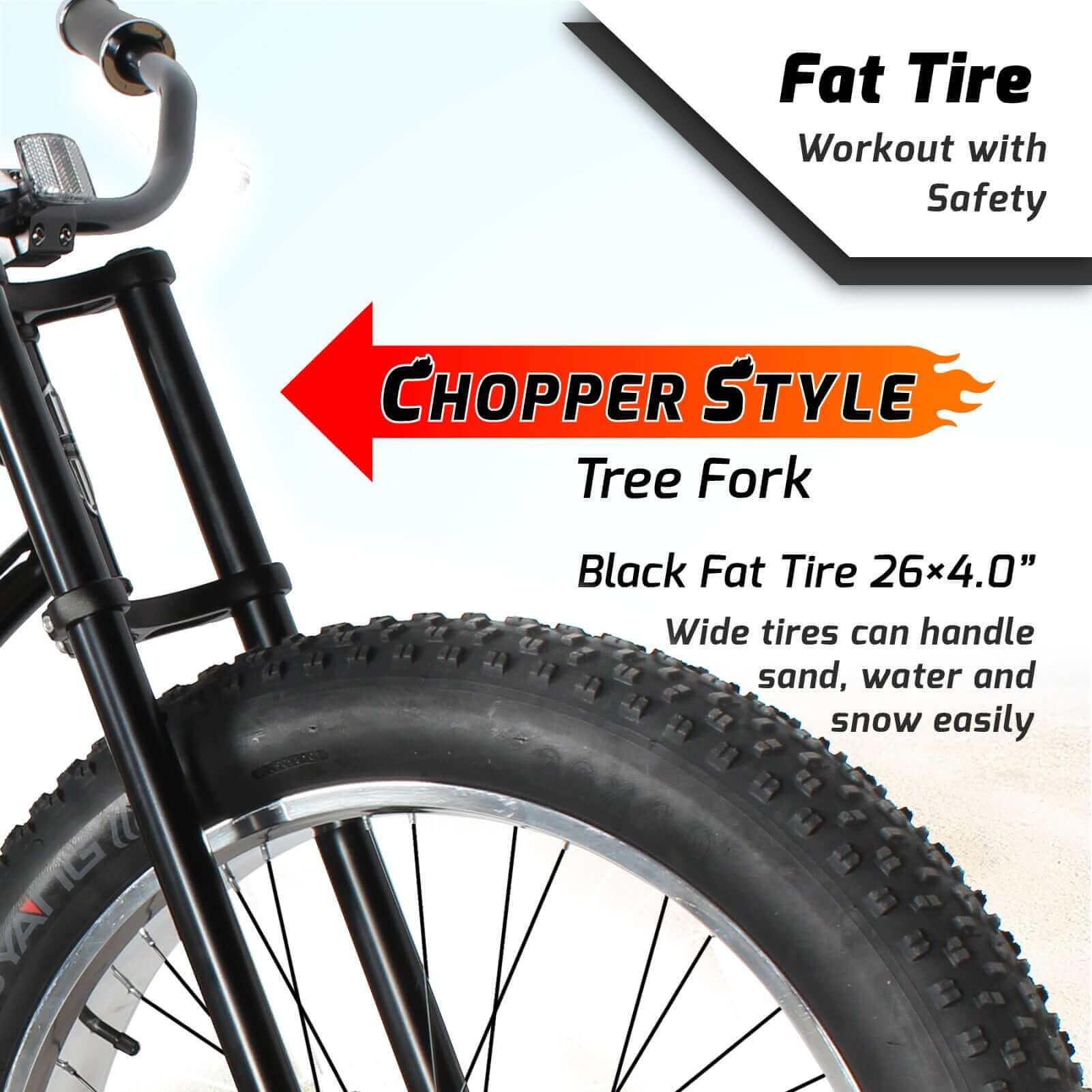 Tracer Siena 26'' Chopper Stretch Cruiser Fat Tire Bike, Fork and Tire Spec.