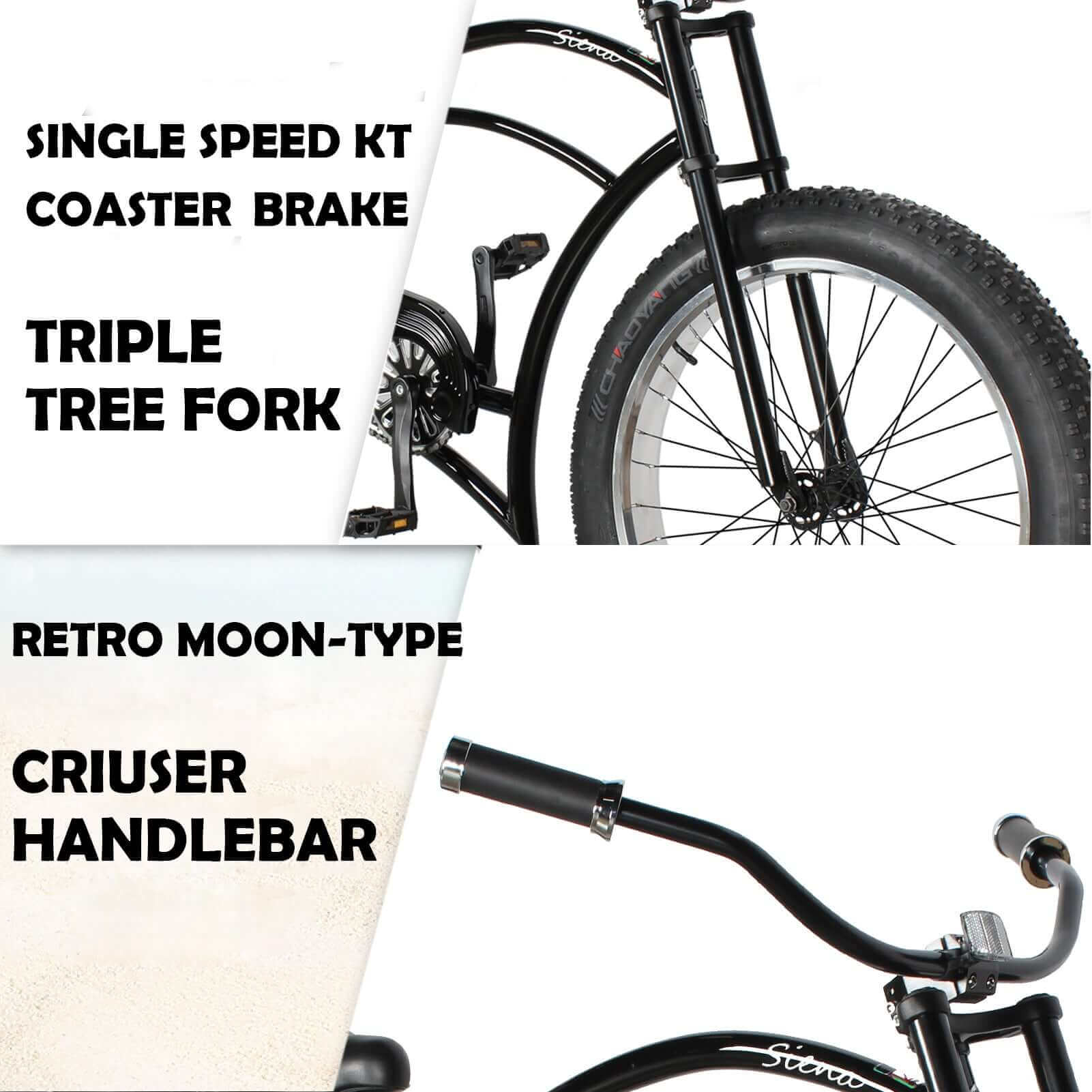 Tracer Siena 26'' Fat Tire Beach Cruiser Bike 1 Speed/7 Speed Close-up of handlebar, fork and braking system.