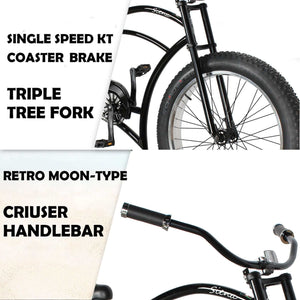 Tracer Siena 26'' Fat Tire Beach Cruiser Bike 1 Speed/7 Speed Close-up of handlebar, fork and braking system.
