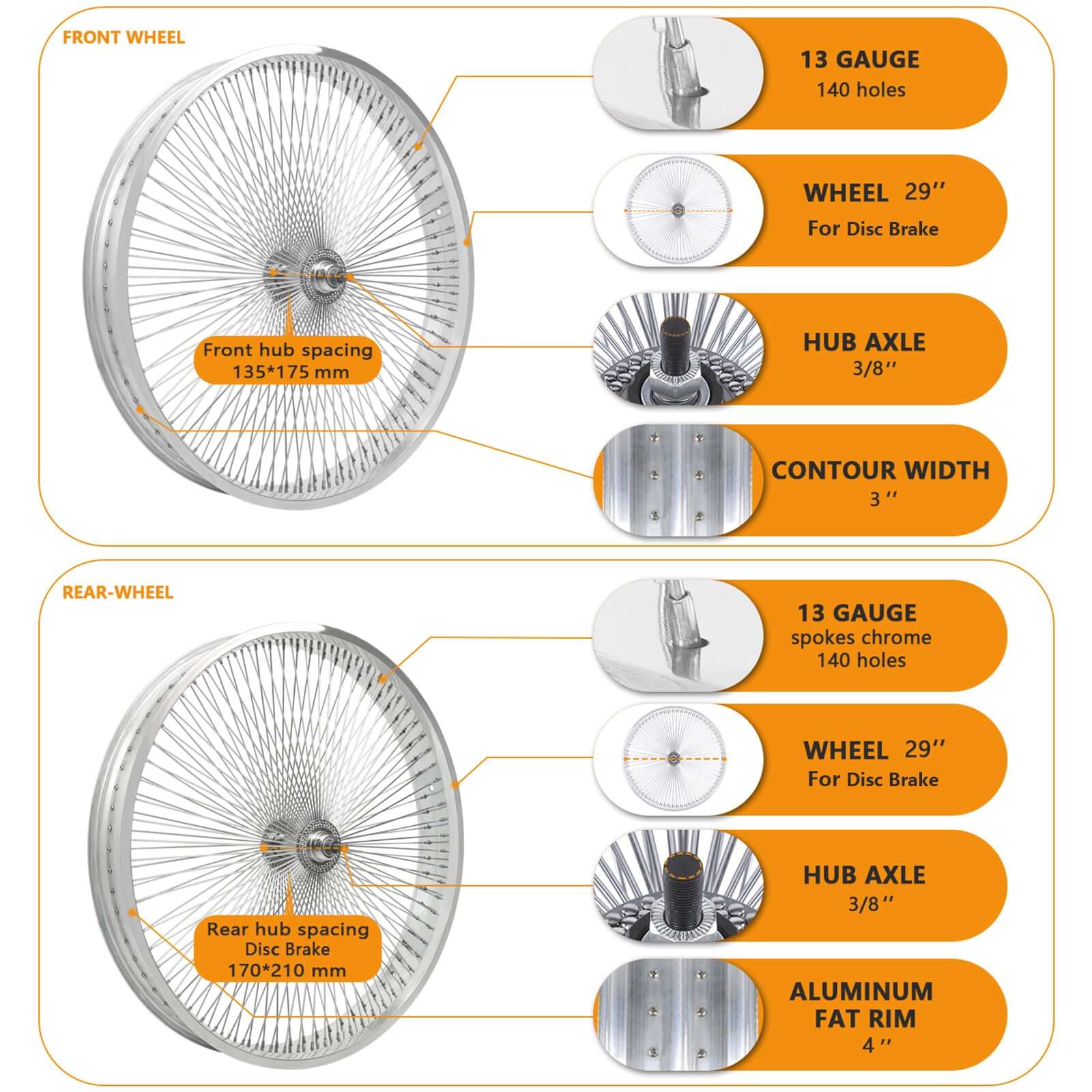 Tracer WH-TR9529140 29"x4"x13Gx140H Aluminum Polish FAT Rims Wheel Set.