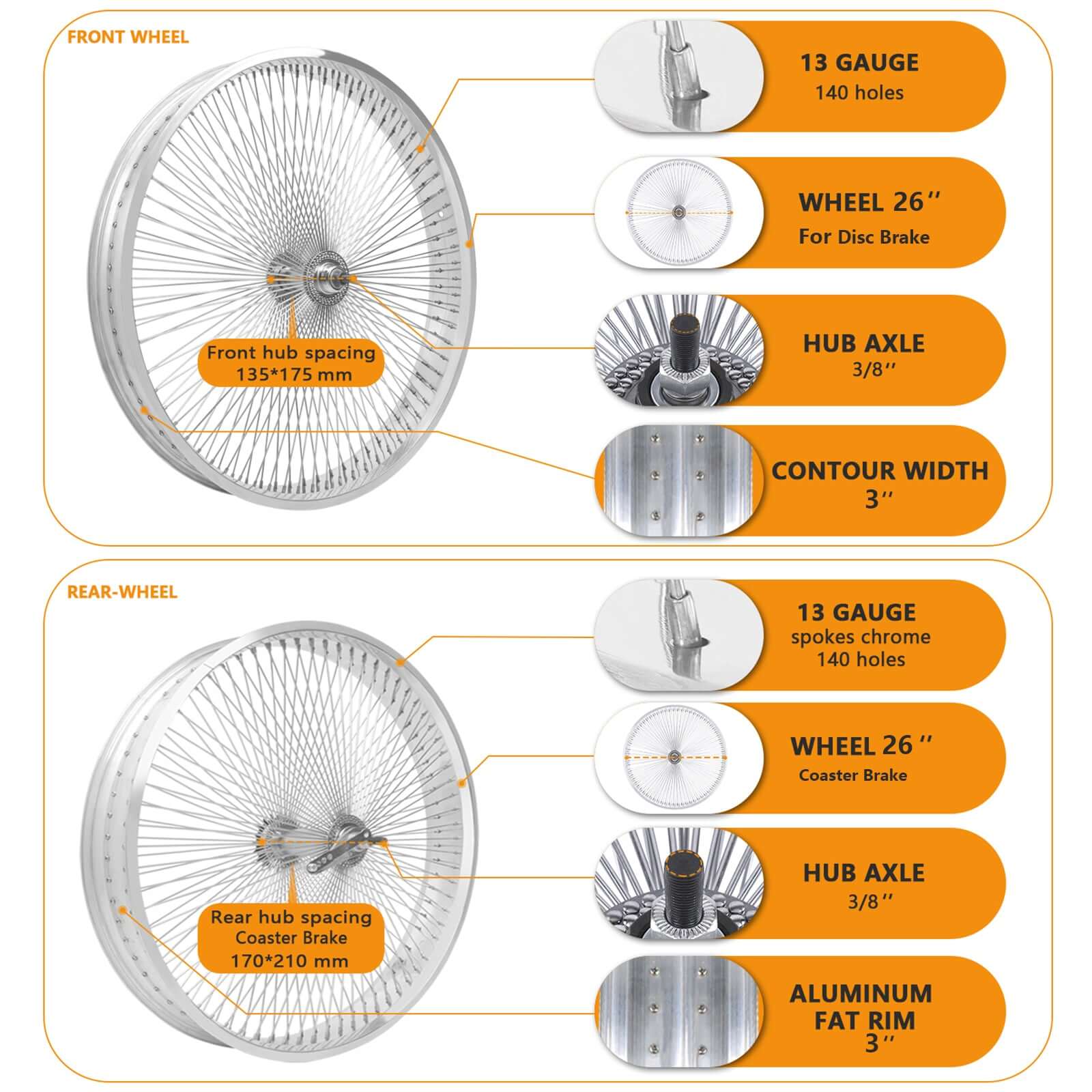 Tracer WH-TR7526140 26"x3"x13Gx140H Aluminum Polish FAT Rims Wheel Set.