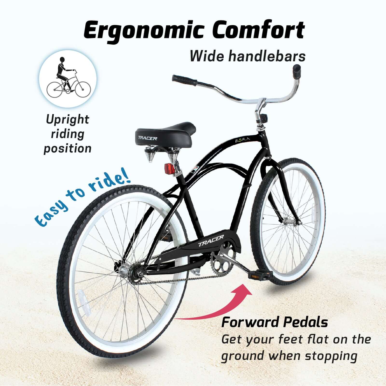 Tracer BORA-M 26" Beach Cruiser Hybrid Bikes Single Speed For Men, Hi-Ten steel Frame, Moon Type Handlebar, Coaster Brake with Comfortable leather Saddle - Tracer Bikes