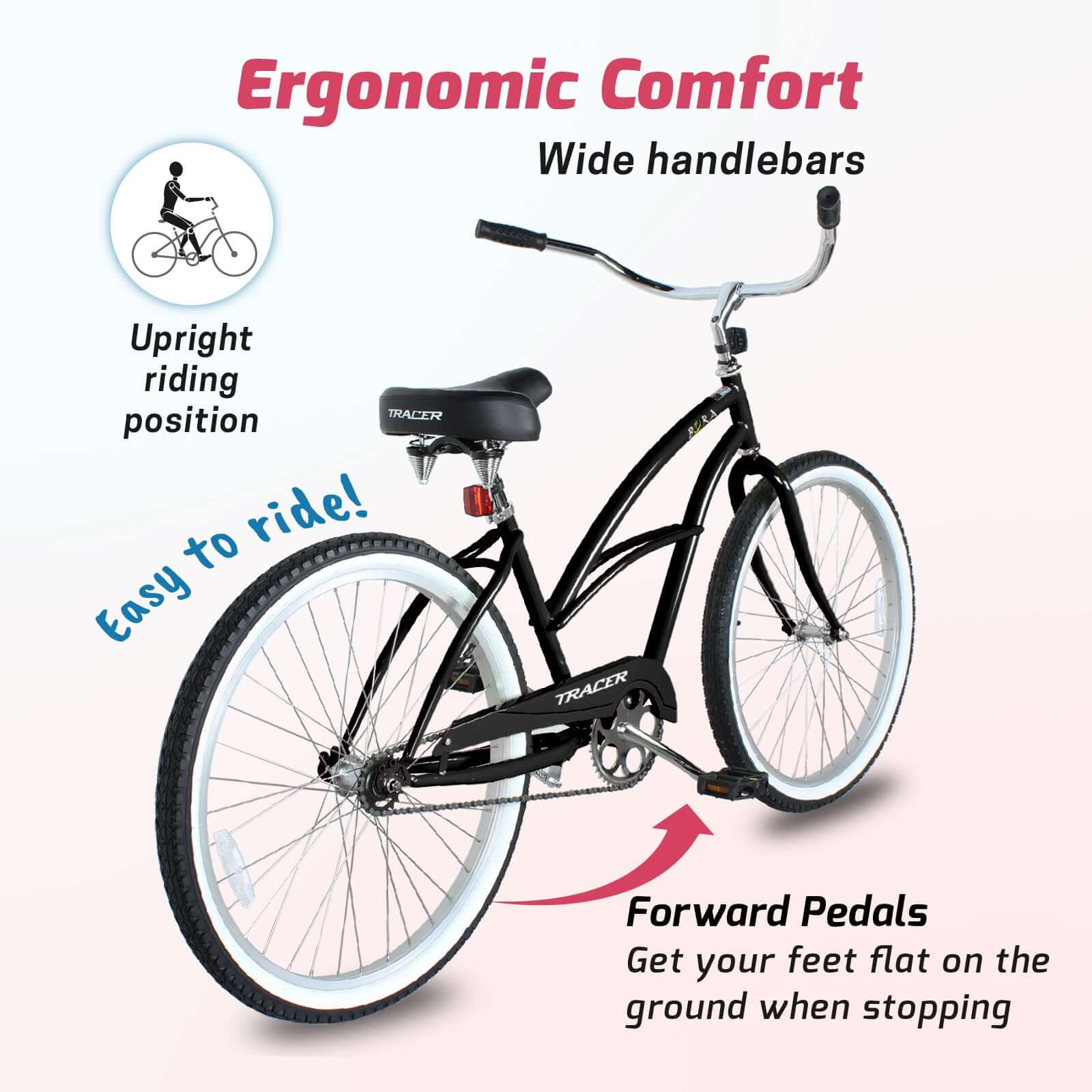 Tracer BORA-F 26" Beach Cruiser Bikes Single Speed for Women, Hi-Ten steel Frame, Moon Type Handlebar, Coaster Brake with Comfortable leather Saddle - Tracer Bikes