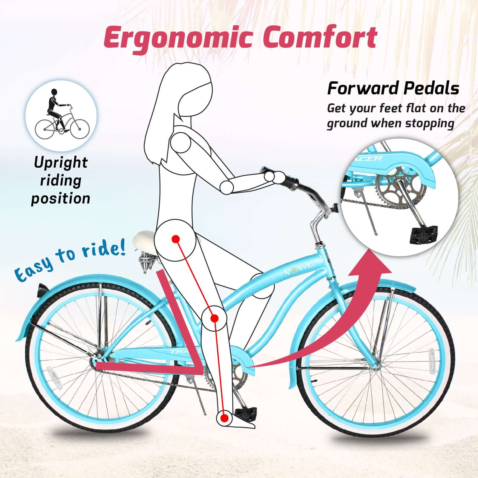 Tracer NOVA 26" Beach Cruiser Bikes Single Speed, w/ Moon-type handlebar, KT Coaster Brake for WOMEN - Tracer Bikes