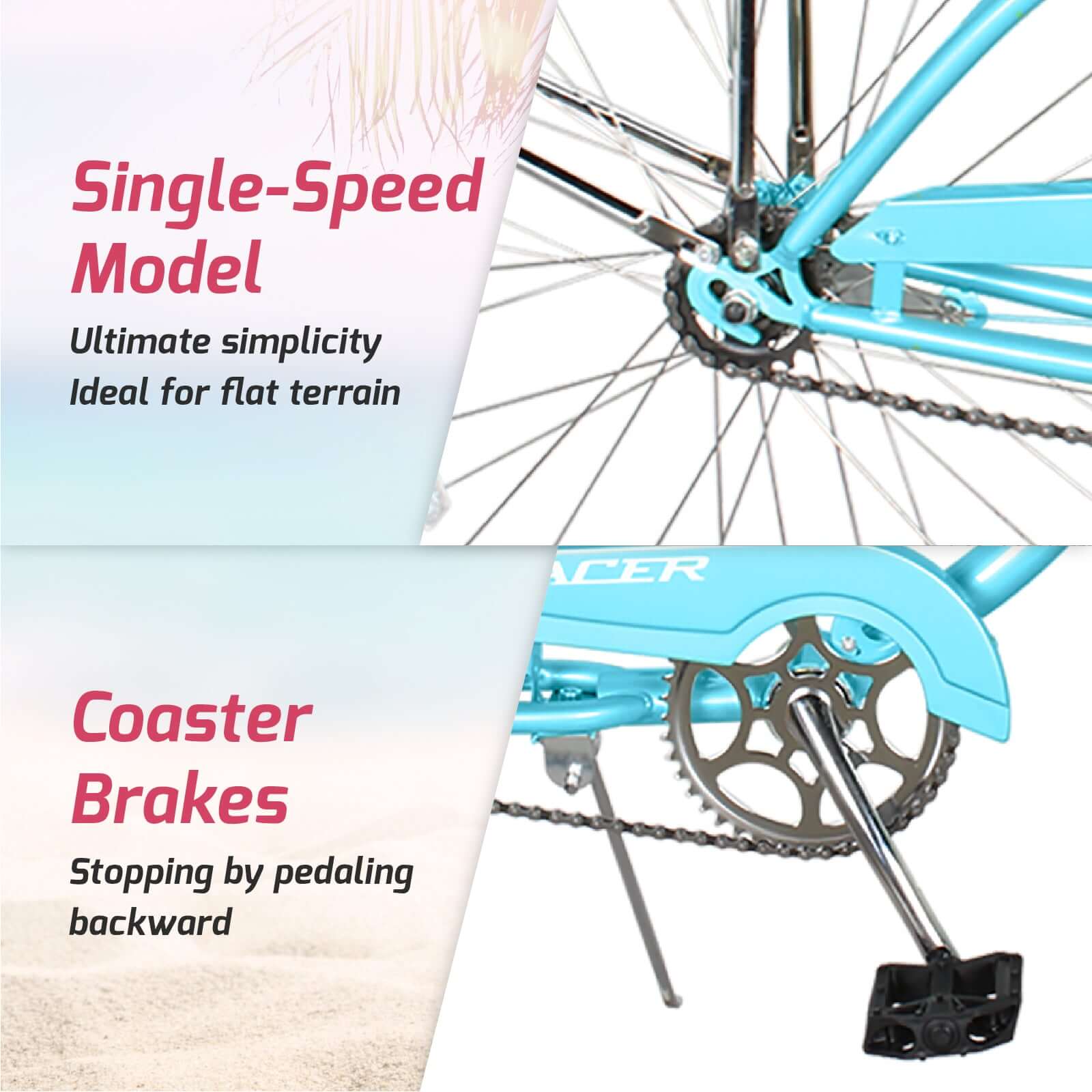Tracer NOVA 26" Beach Cruiser Bikes Single Speed, w/ Moon-type handlebar, KT Coaster Brake for WOMEN - Tracer Bikes