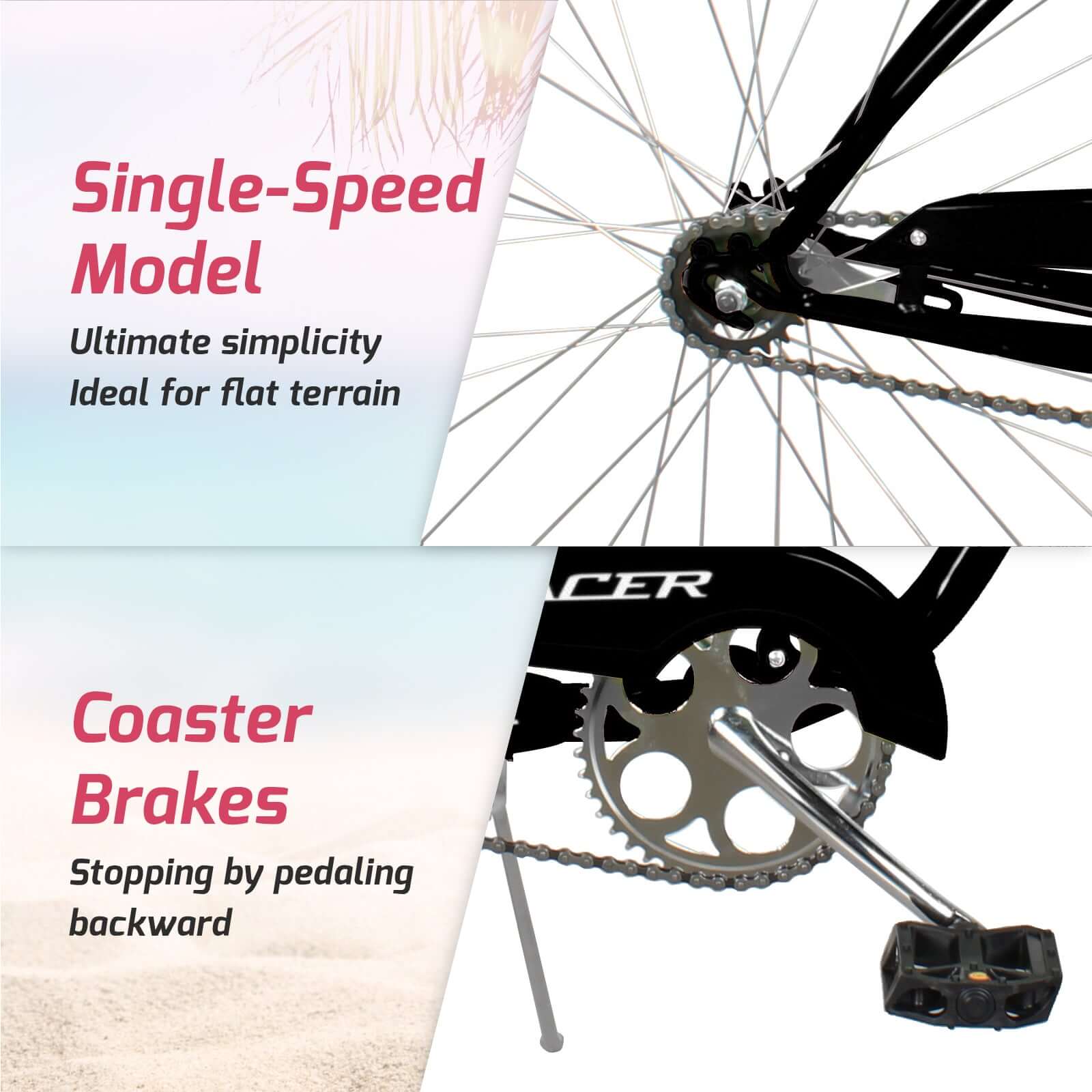 Tracer BORA-F 26" Beach Cruiser Bikes Single Speed for Women, Hi-Ten steel Frame, Moon Type Handlebar, Coaster Brake with Comfortable leather Saddle - Tracer Bikes