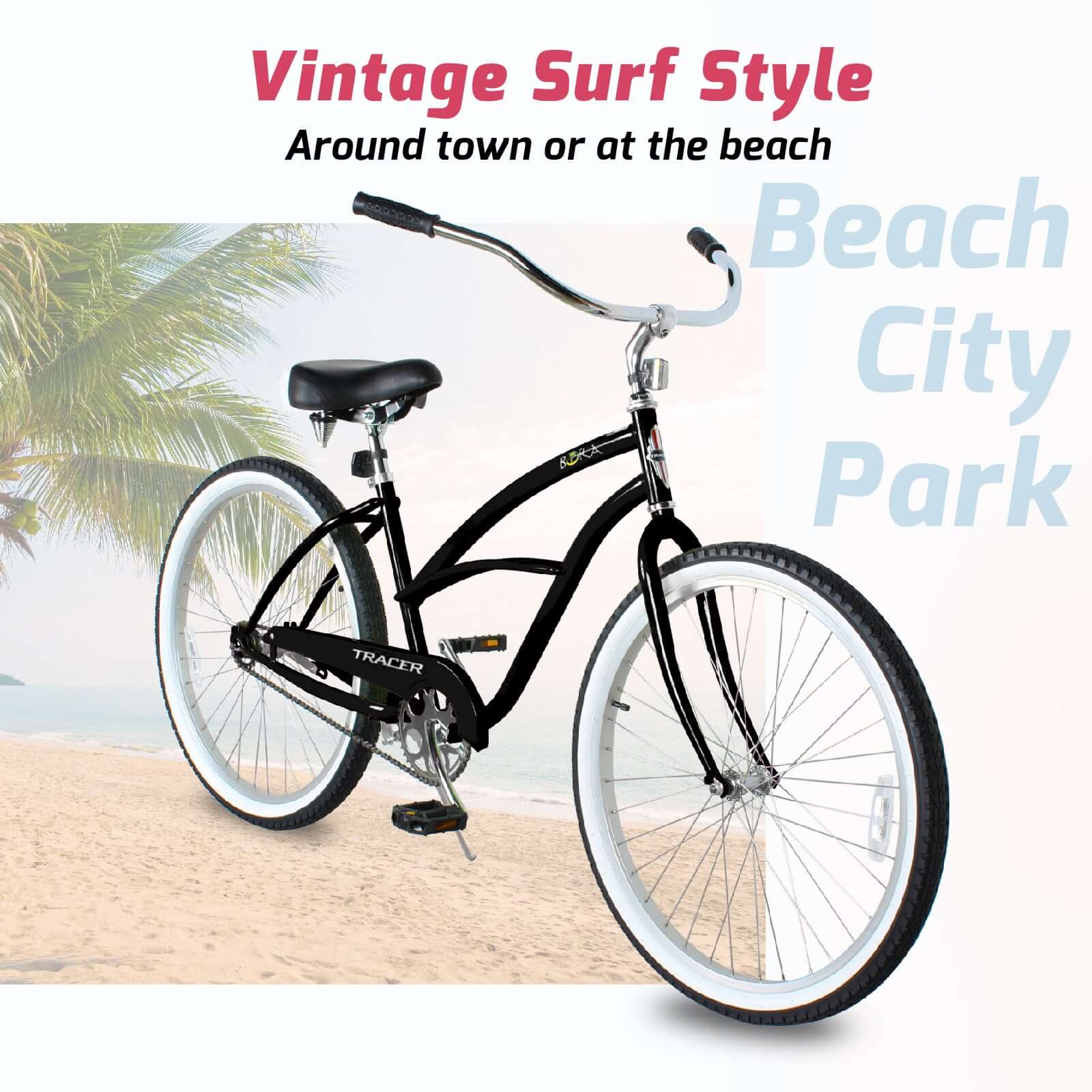 Tracer BORA-F 26" Beach Cruiser Bikes Single Speed for Women, Hi-Ten steel Frame, Moon Type Handlebar, Coaster Brake with Comfortable leather Saddle - Tracer Bikes