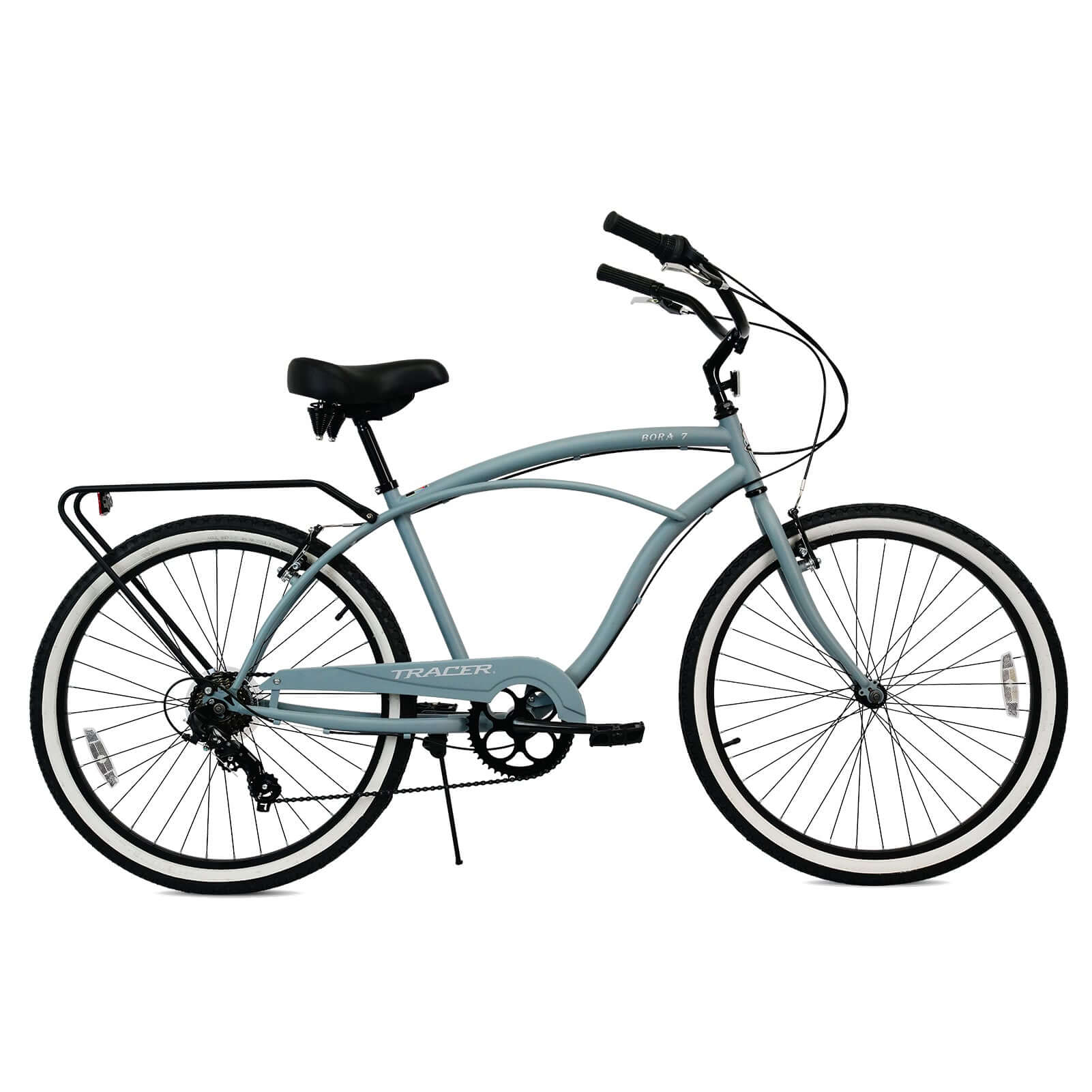 Side view of the Tracer BORA-7-M 26" 7-Speed Beach Cruiser Bike for Men, showcasing its concise cruiser bike profile.