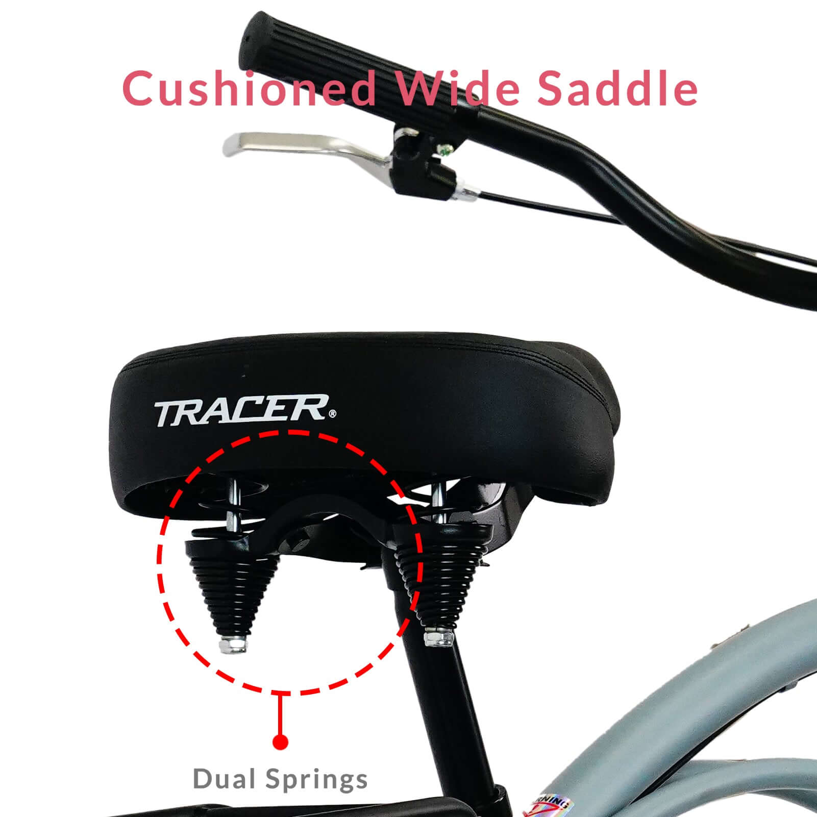 Close-up of the Tracer BORA-7-M 26" Beach Cruiser Bikes 7-Speed for Men's cushioned wide saddle with dual spring for excellent comfort.