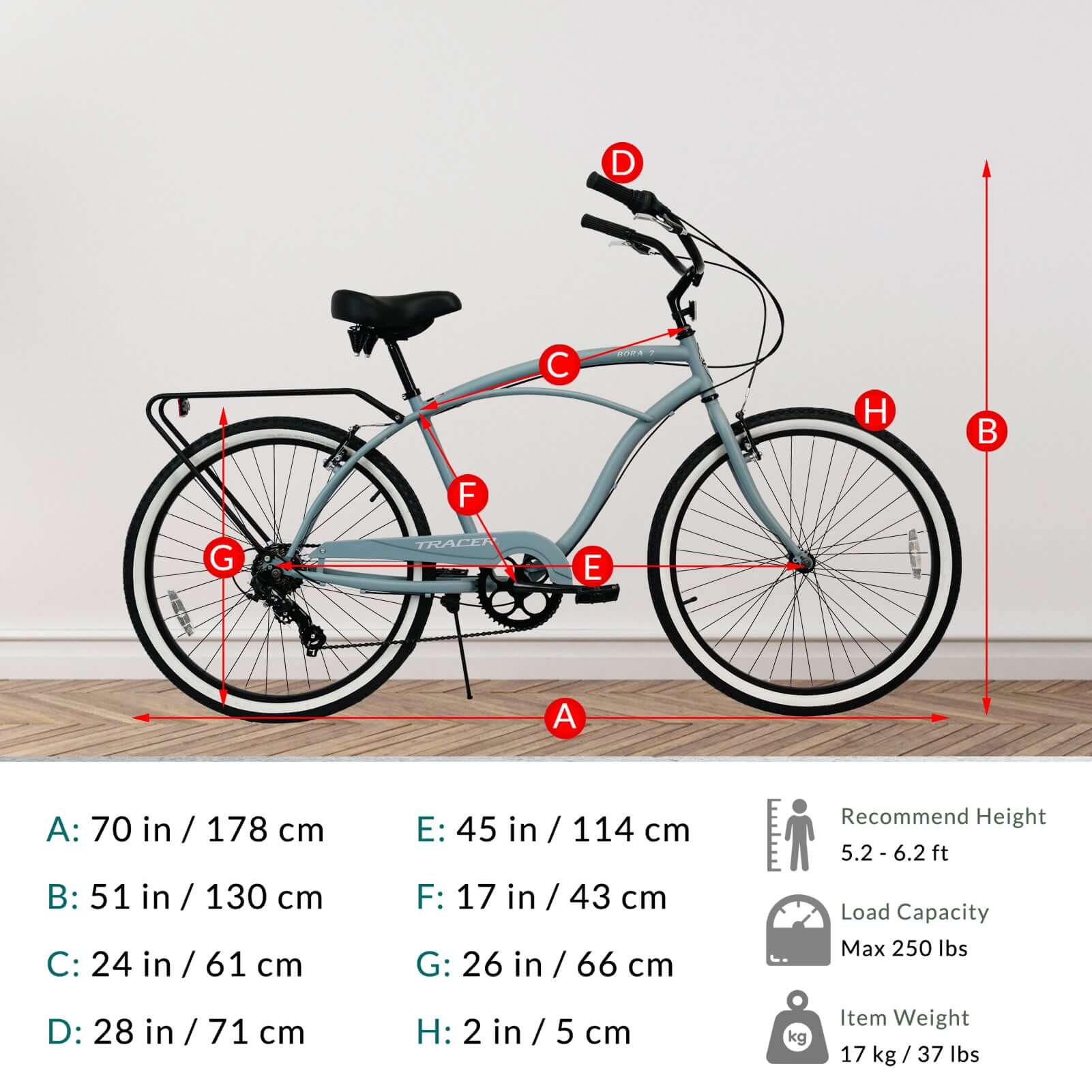 Tracer BORA-7-M 26" Beach Cruiser Bikes 7-Speed for Men, detailed size chart.