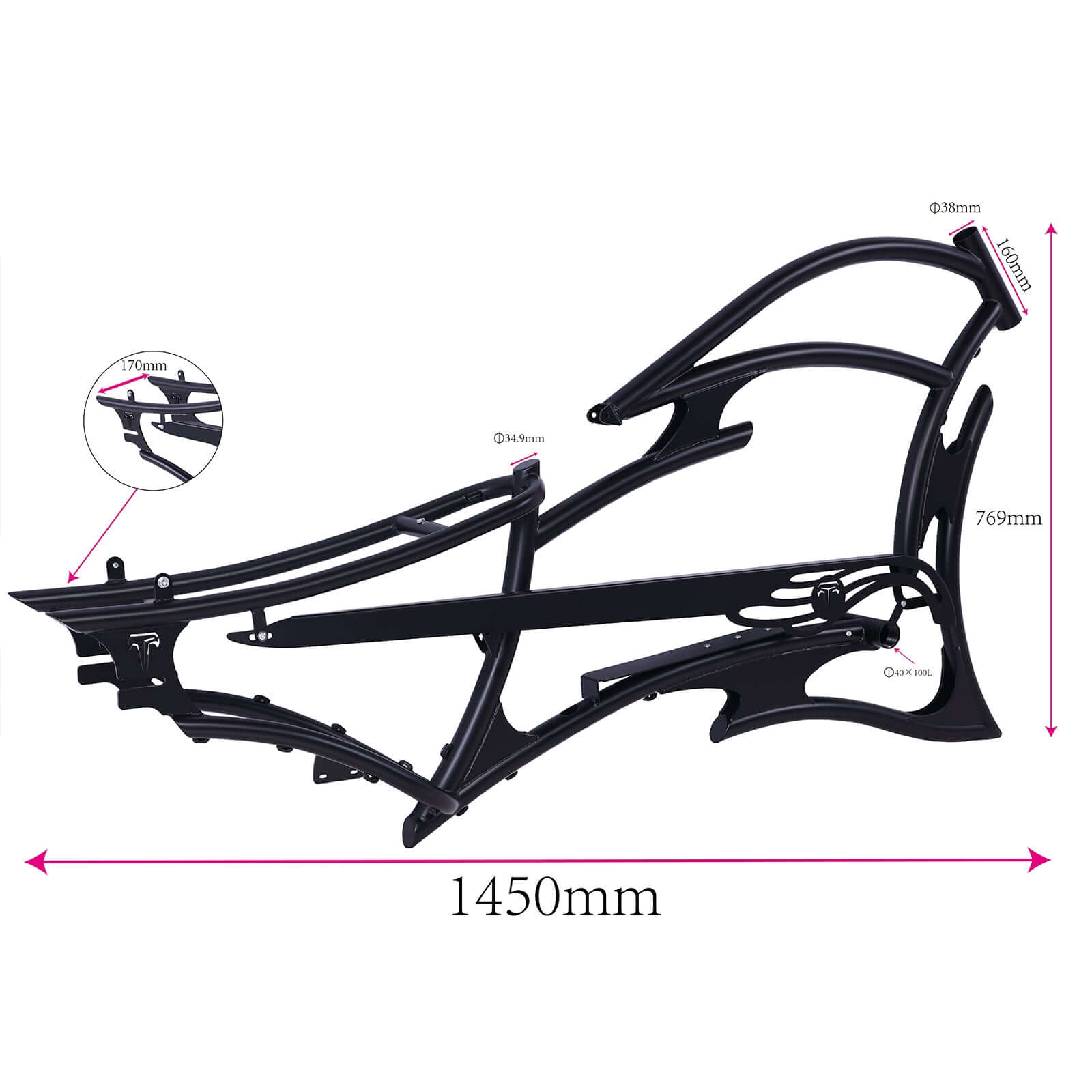 Tracer FM-Raptor Ebike Frame, 26inch stretch chopper bike, compatible with single speed/7 speed, frame size.