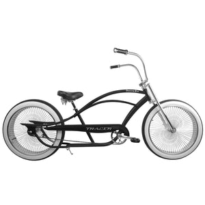 Full-body shot of the black Tracer Beacon Pro 140H Stretch Cruiser Bike, showcasing its elegant profile.