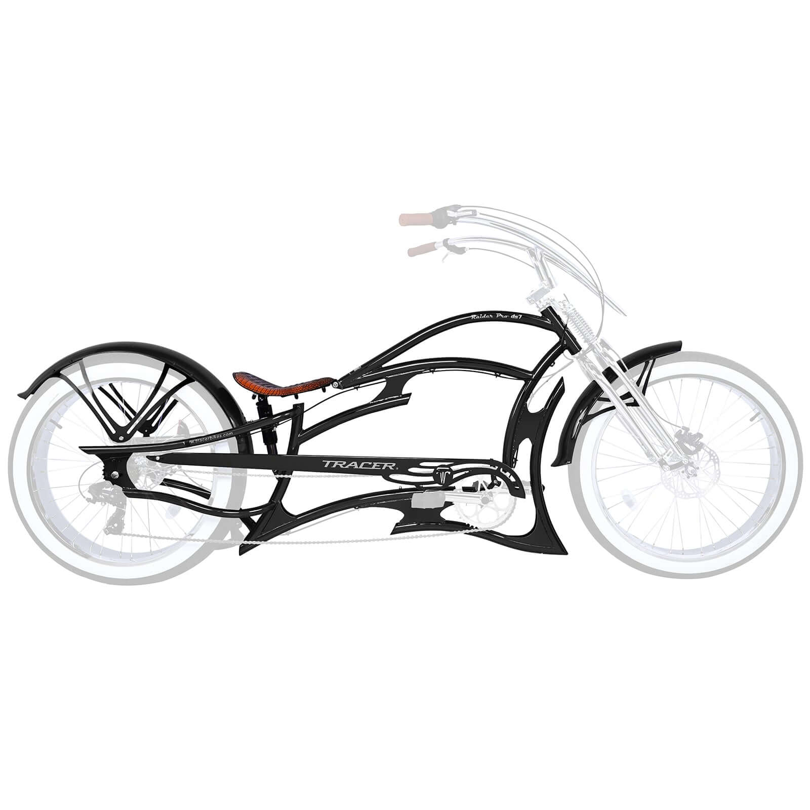 Tracer FM-Raider-7 26'' Stretch Beach Cruiser Bicycle Frame showcase with wheels.