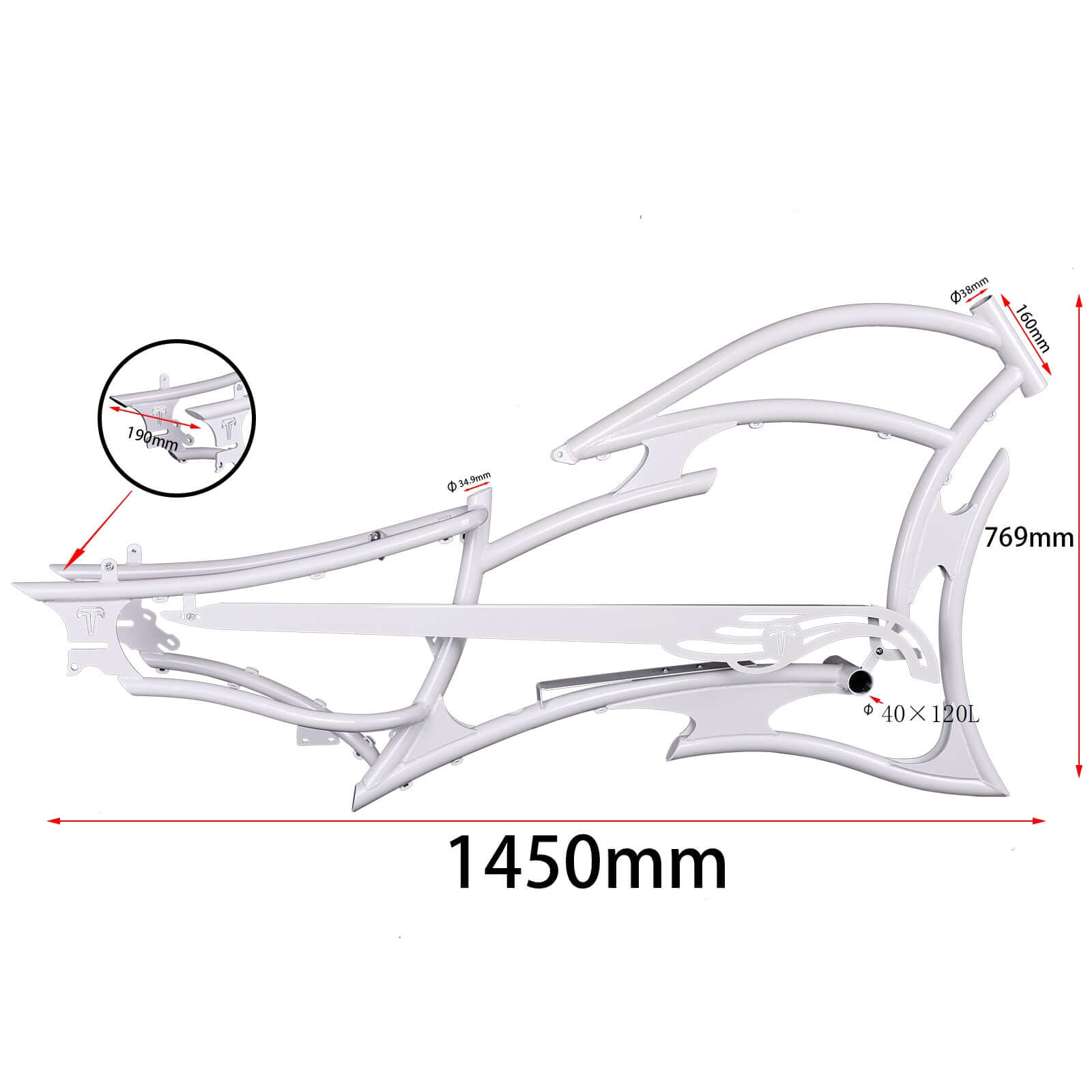White Tracer FM-Raptor Stretch Cruiser Ebike Frame Size.