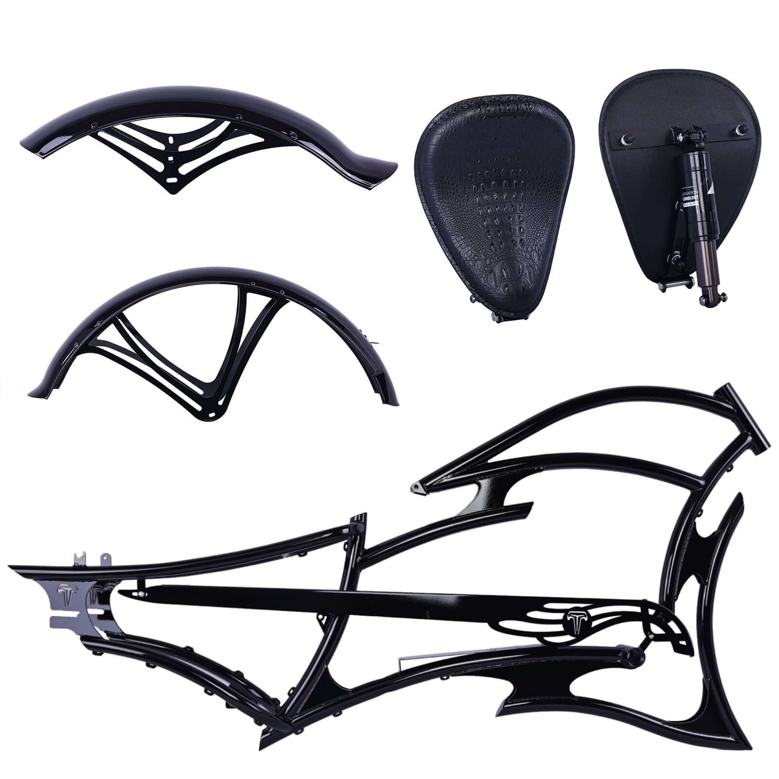 Black Tracer FM-Raptor Electric Cruiser Bike Frame, 26-inch stretch chopper bicycle frame, single speed/7 speed, with all components.