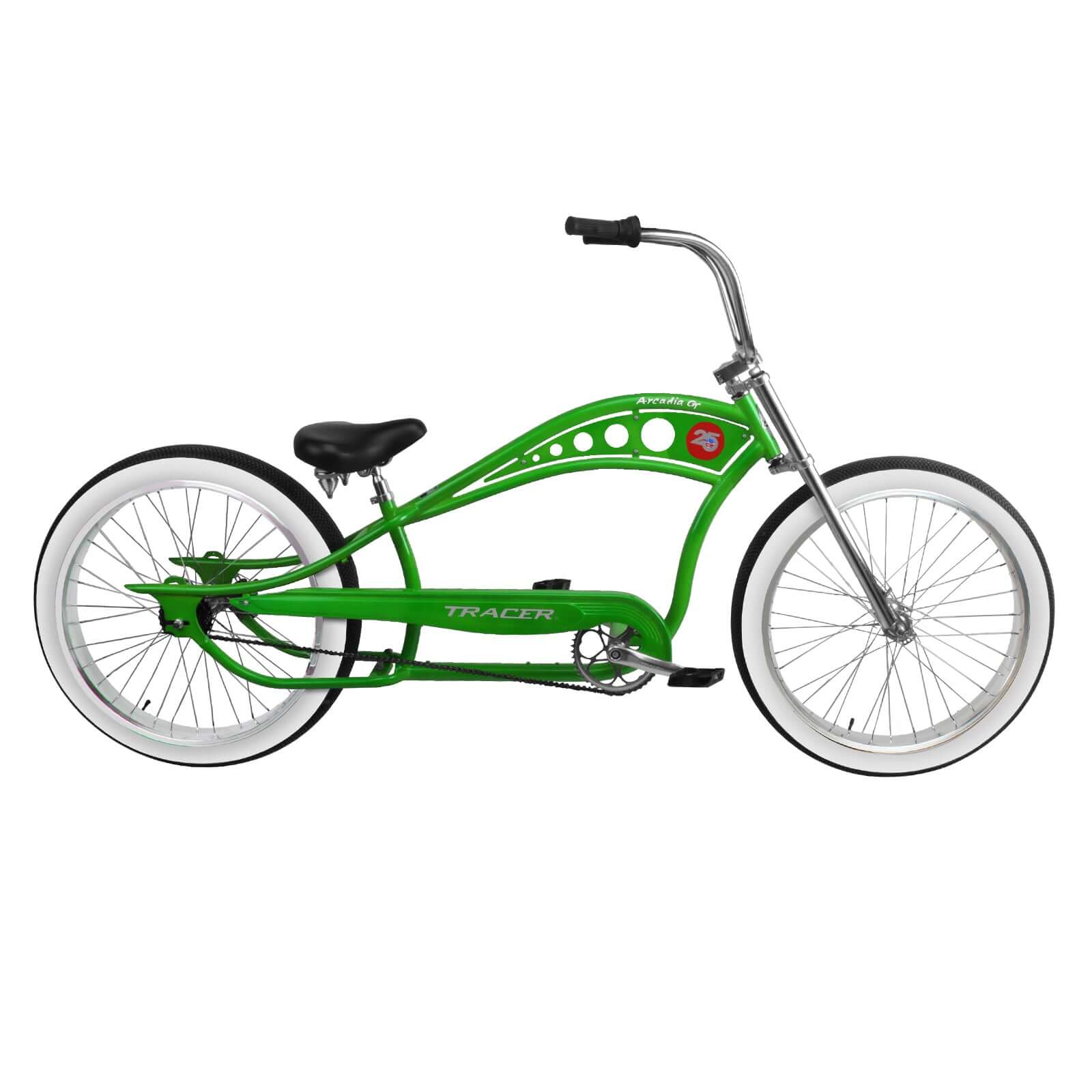 Side view of the green Tracer Arcadia GT Chopper Cruiser Bike, showing its chopper-style profile.