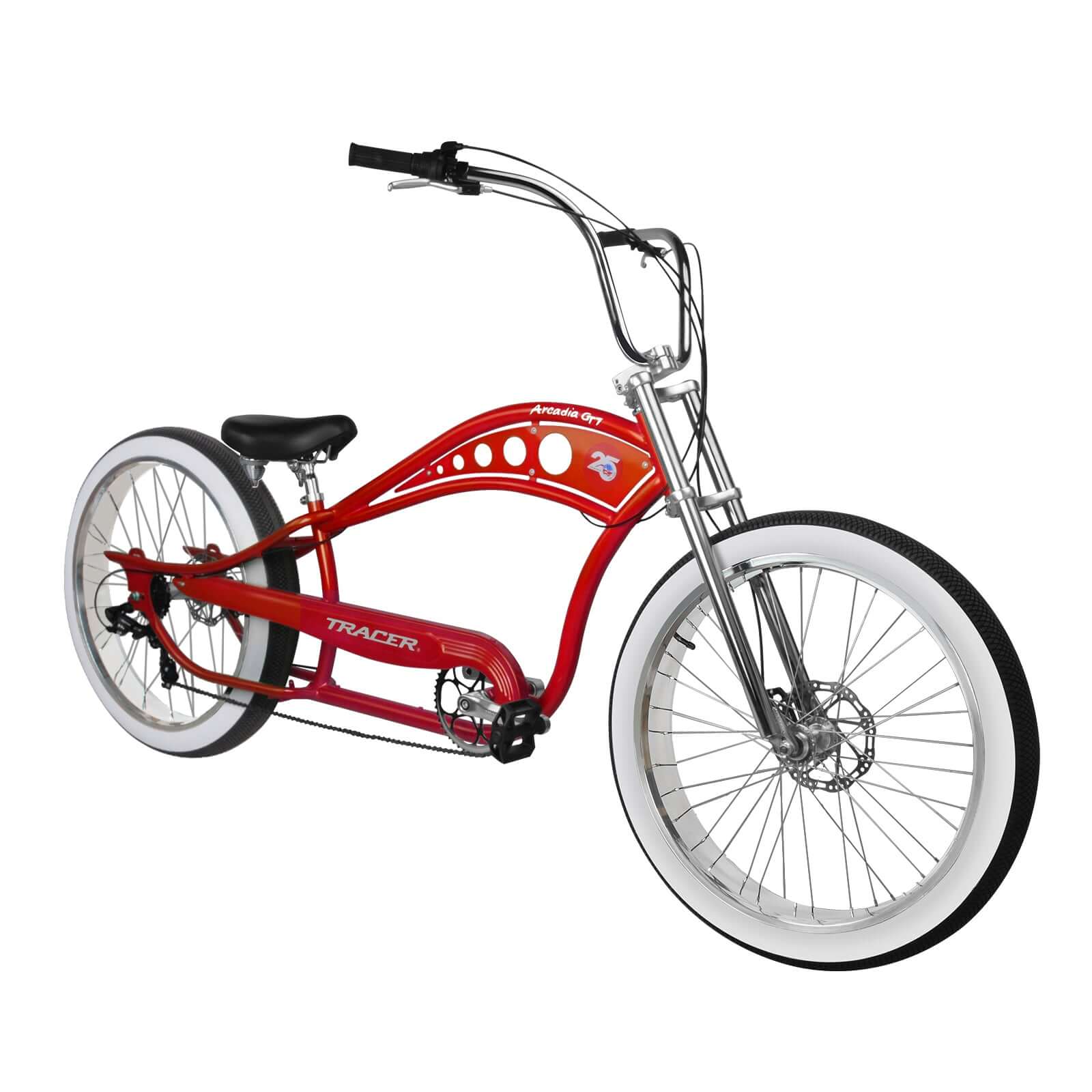 Front angled view of the Tracer Arcadia GT7 26” Beach Cruiser Bicycle, highlighting its chopper-style handlebar and wheel. 