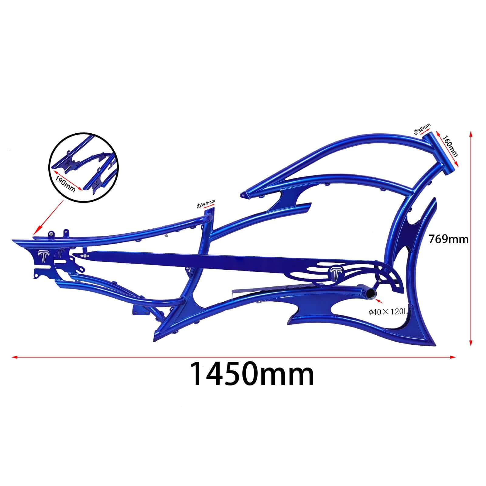 Tracer FM-Raptor Electric Beach Cruiser Bike Frame, 26inch, single speed/7 speed, dimensions.
