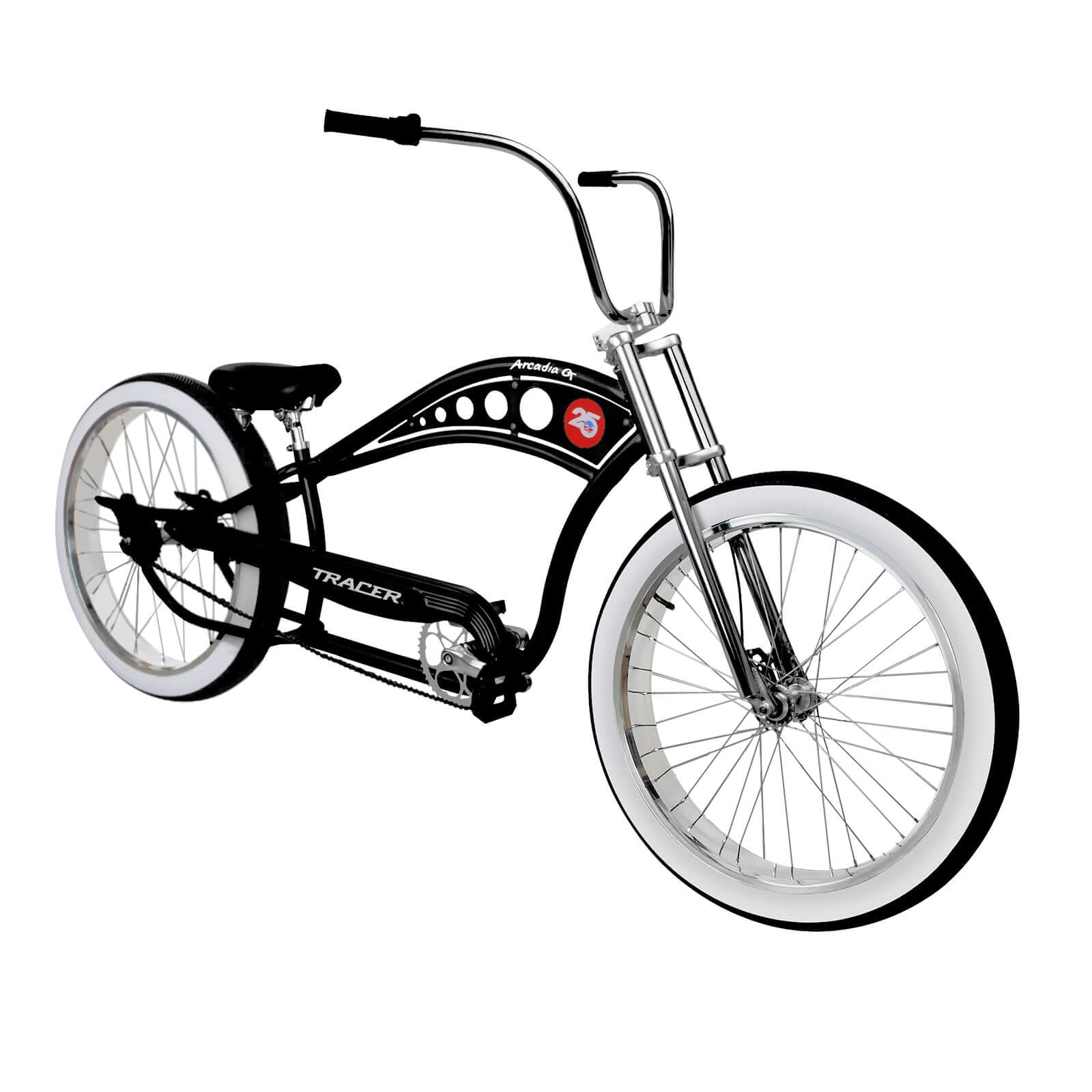 Black Tracer Arcadia GT Chopper Cruiser Bike with high-rise handle bar and wheel with fat tires.