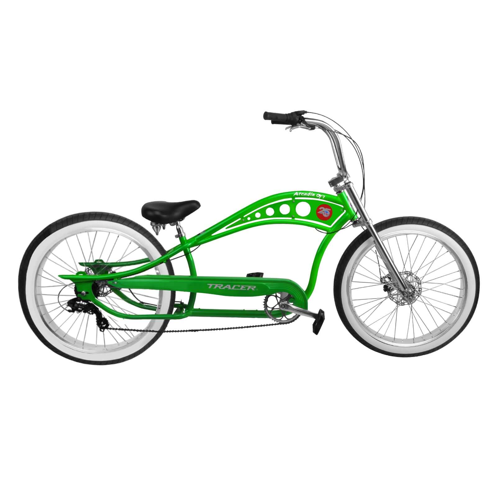 Full-body shot of the green Tracer Arcadia GT7 26” Chopper Cruiser Stretch Bike.
