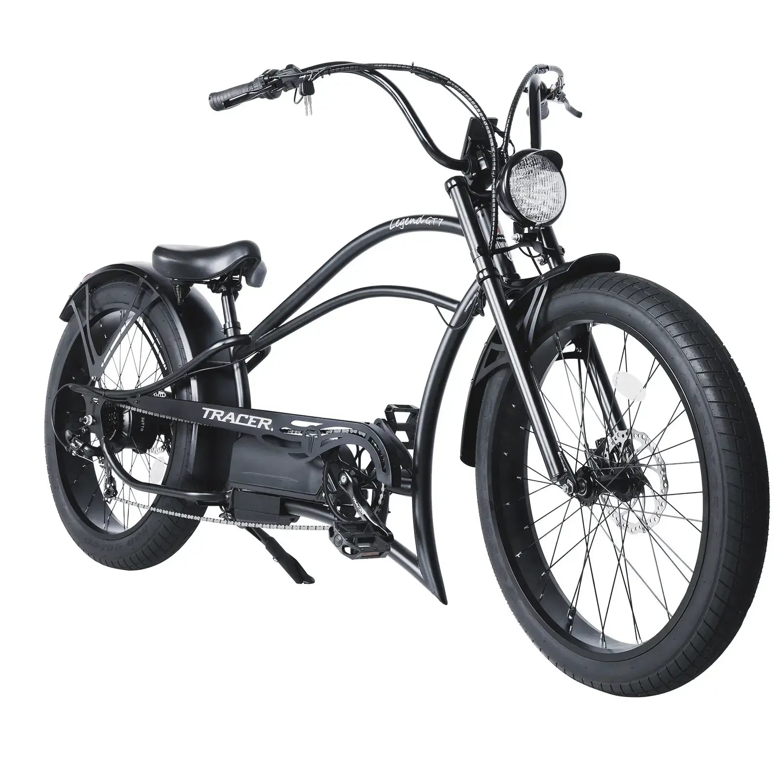 Front-left angle of the black Legend GT7 1000W Stretch Cruiser Chopper Bike, featuring its distinct chopper style and front fork.