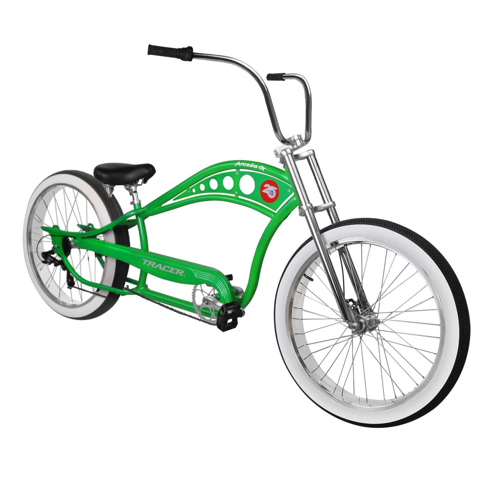 Green Tracer Arcadia GT Chopper Cruiser Bike front view, featuring chopper-style handlebar.