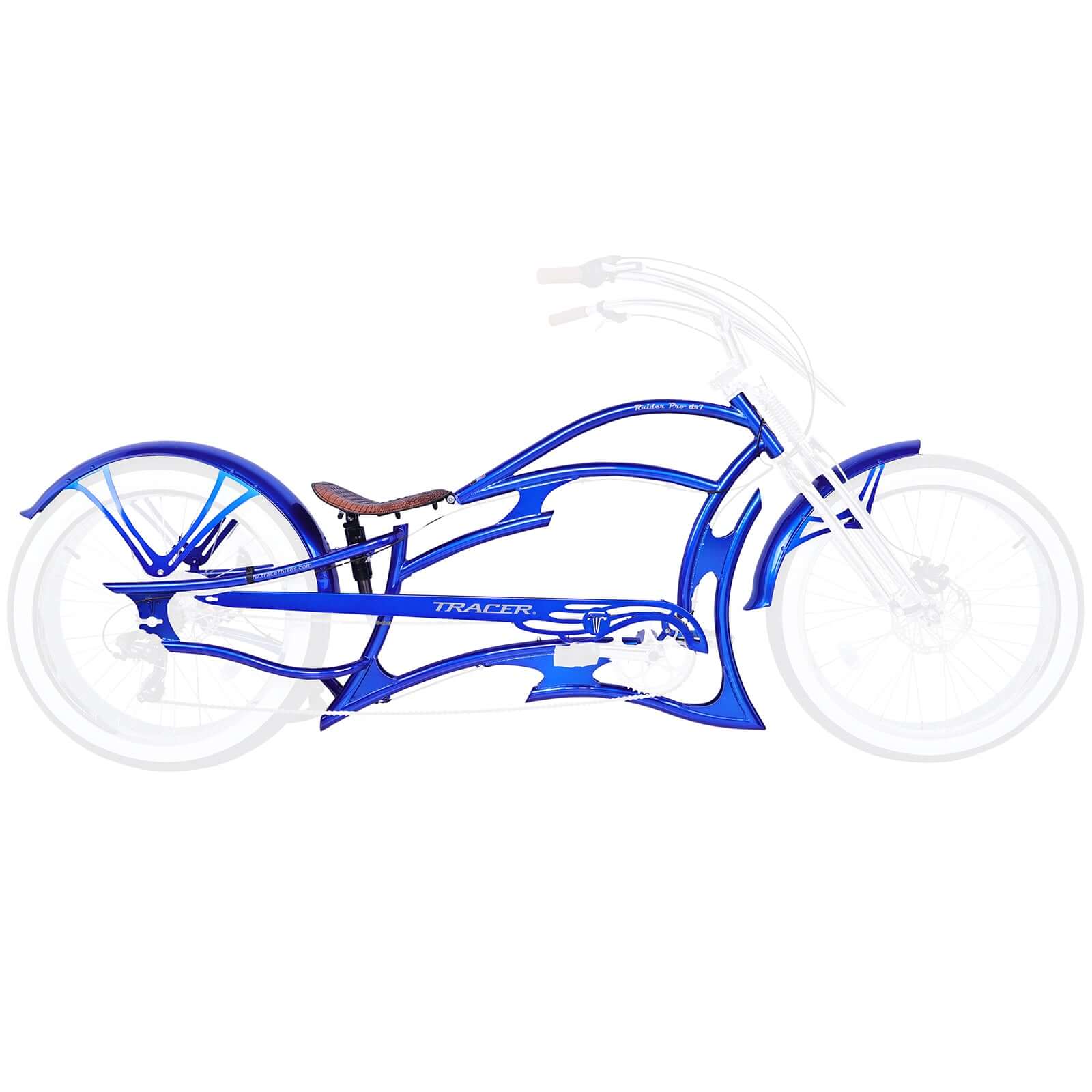 Tracer FM-Raider-7 26'' Stretch Cruiser Bike Steel Frame, side view showcasing its sleek chopper-style profile.