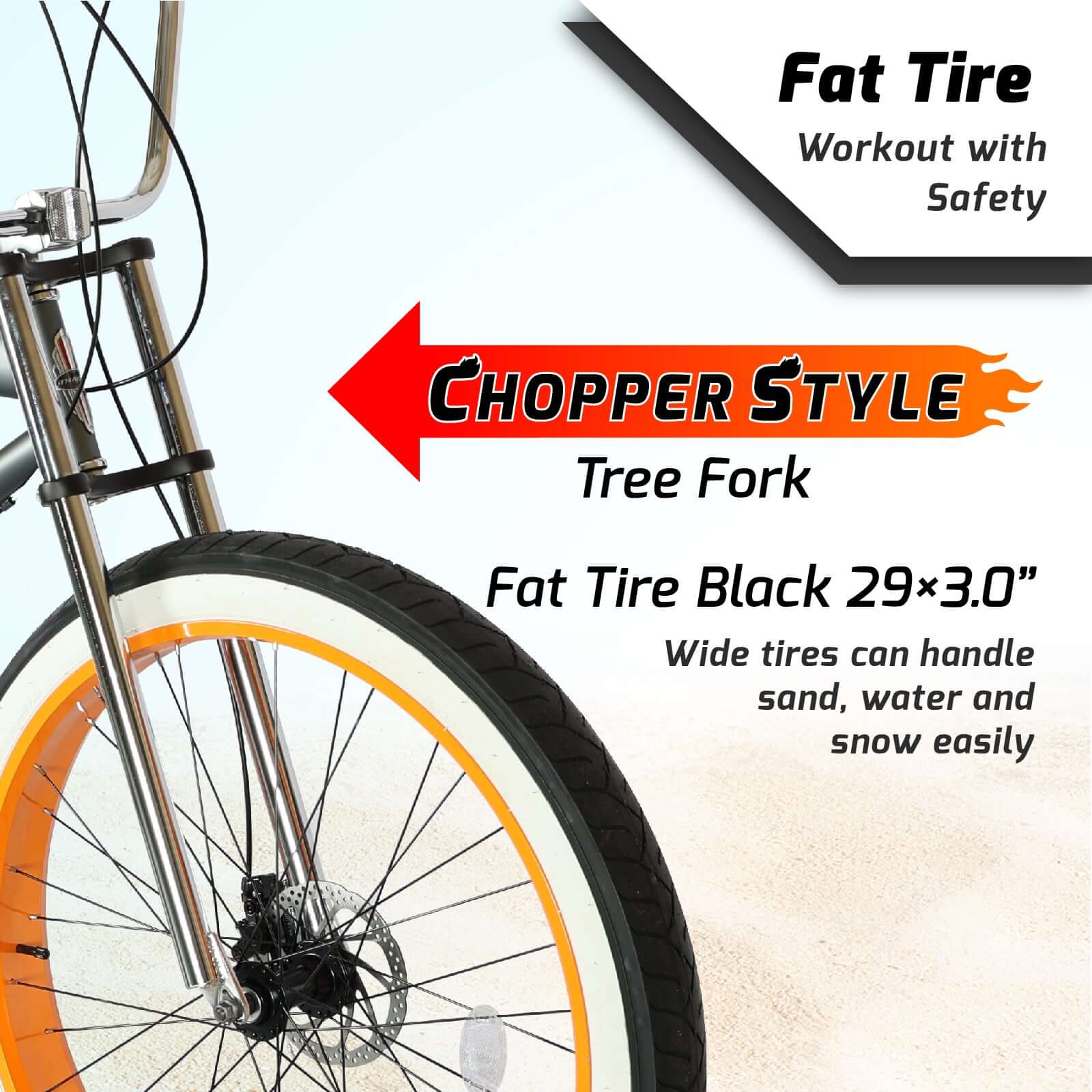 Introduction to the Tracer Avalon GT 29'' Fat Tire stretch Beach Cruiser Bike 1-Speed/7-Speed's chopper-style fork and fat tires.