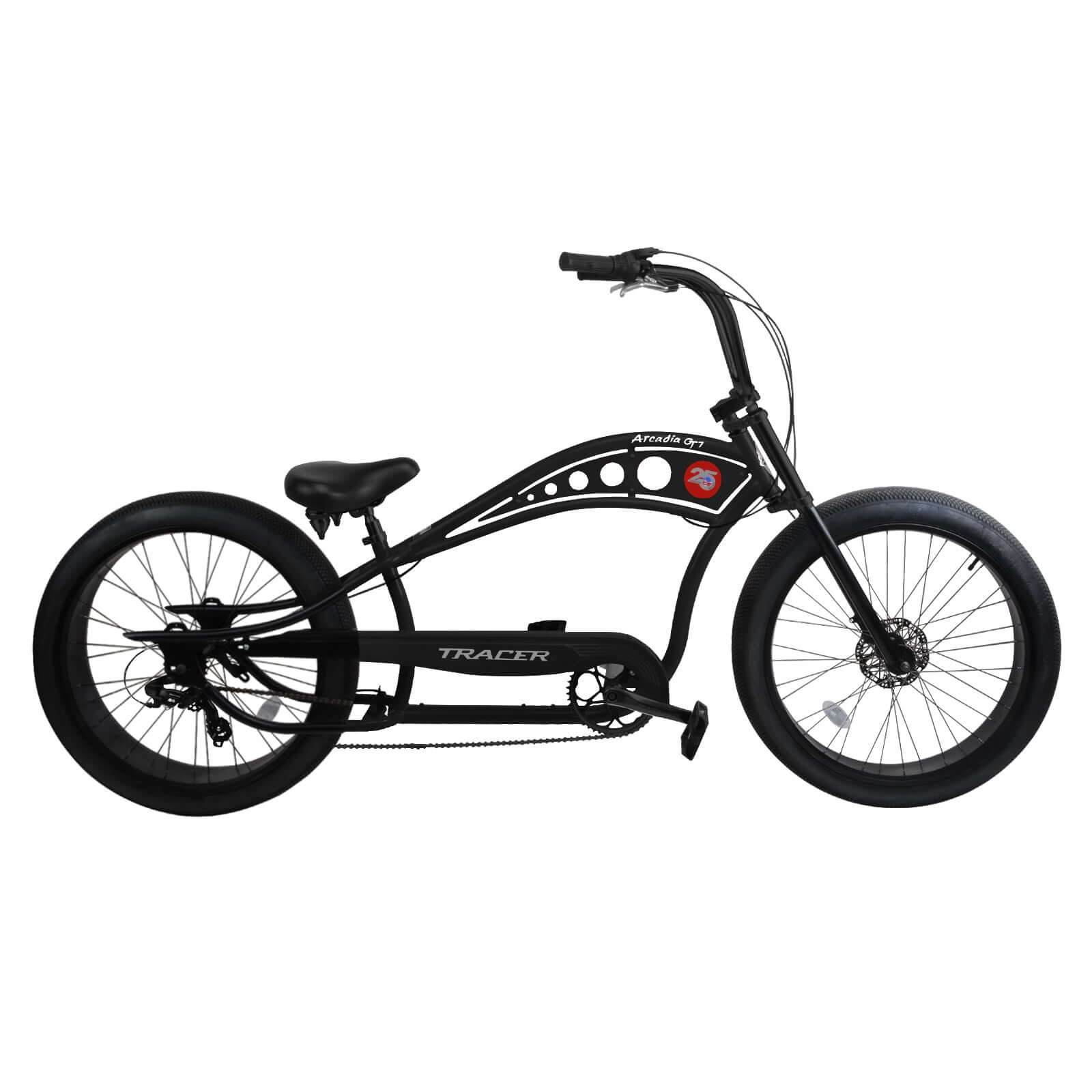 The Black Tracer Arcadia GT7 26” Chopper Cruiser Stretch Bike's full-body shot, displaying its chopper-style profile.