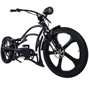 Front view of the Raptor Pro DS 800W Stretch Cruiser Ebike, highlighting the five-spoke wheel rims.