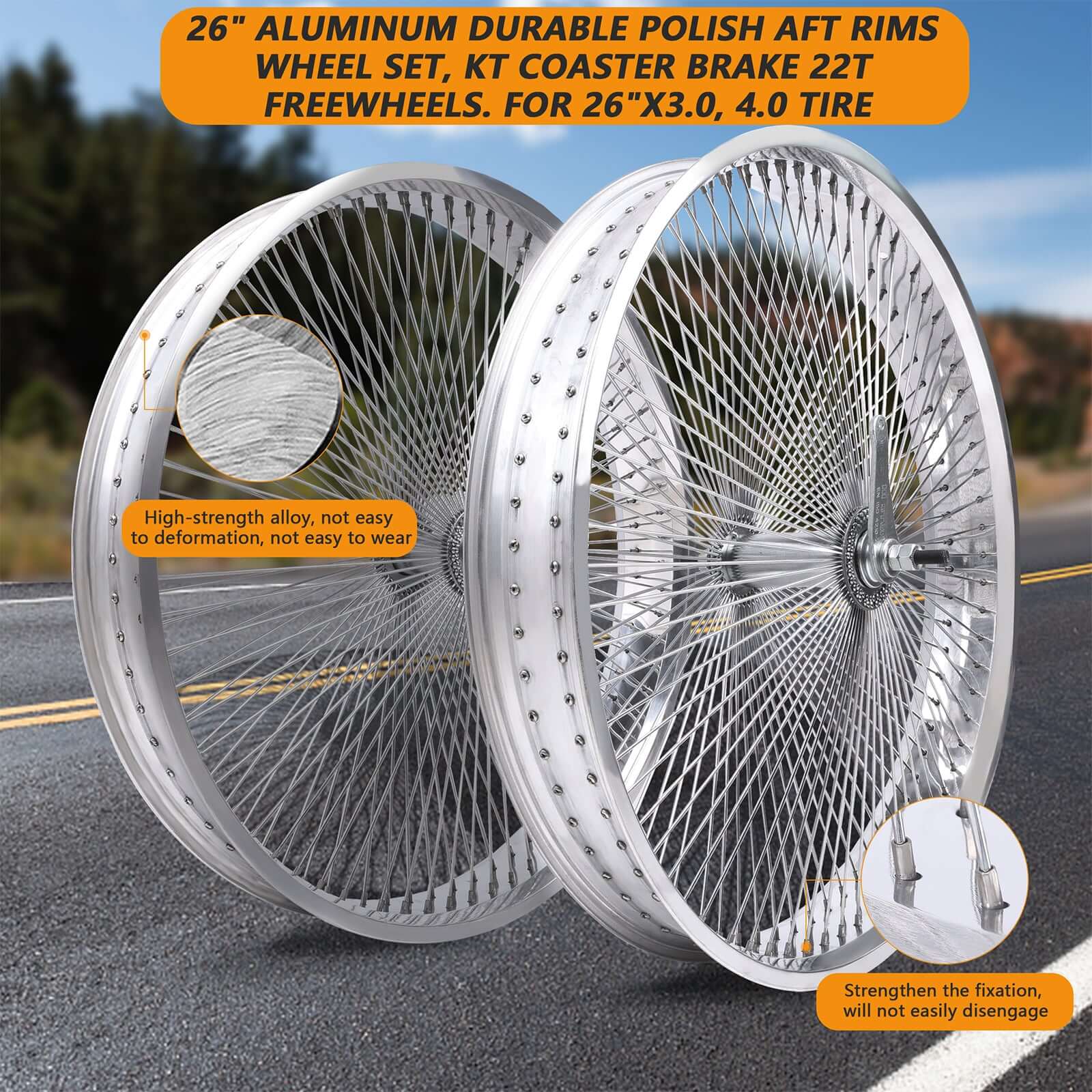 Tracer WH-TR9526140 26"x4"x13Gx140H Aluminum Polish FAT Rims Wheel Set.
