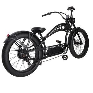 Rear view of the black Chico GT7 750W Stretch Cruiser Ebike.