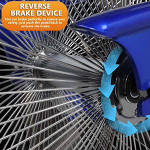 Close-up of the blue Tracer Beacon Pro 140H Stretch Cruiser Bike's rear braking system.