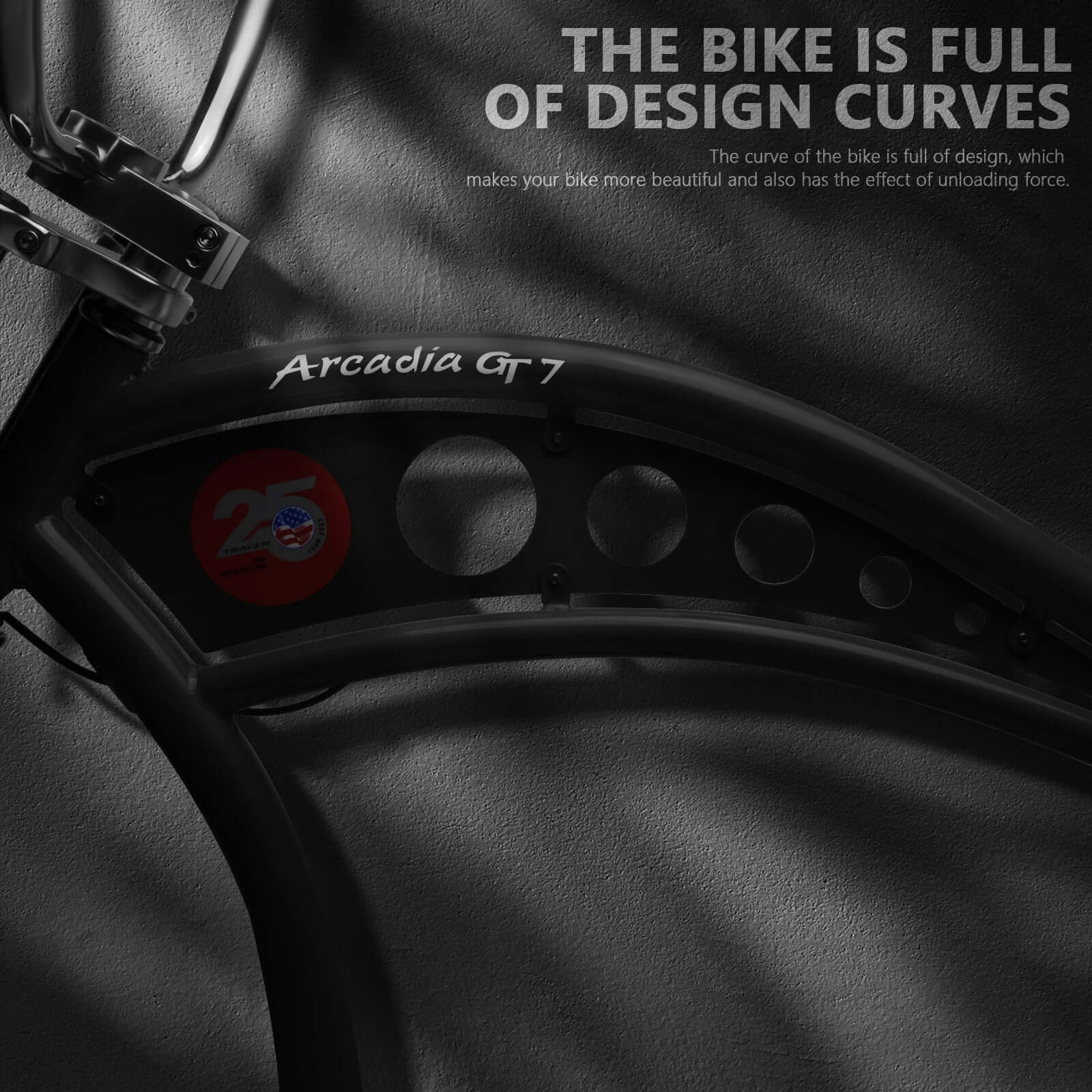 Close shot of the Tracer Arcadia GT7 26” Chopper Cruiser Stretch Bike's black Chopper-style frame.