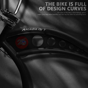 Close shot of the Tracer Arcadia GT7 26” Chopper Cruiser Stretch Bike's black Chopper-style frame.