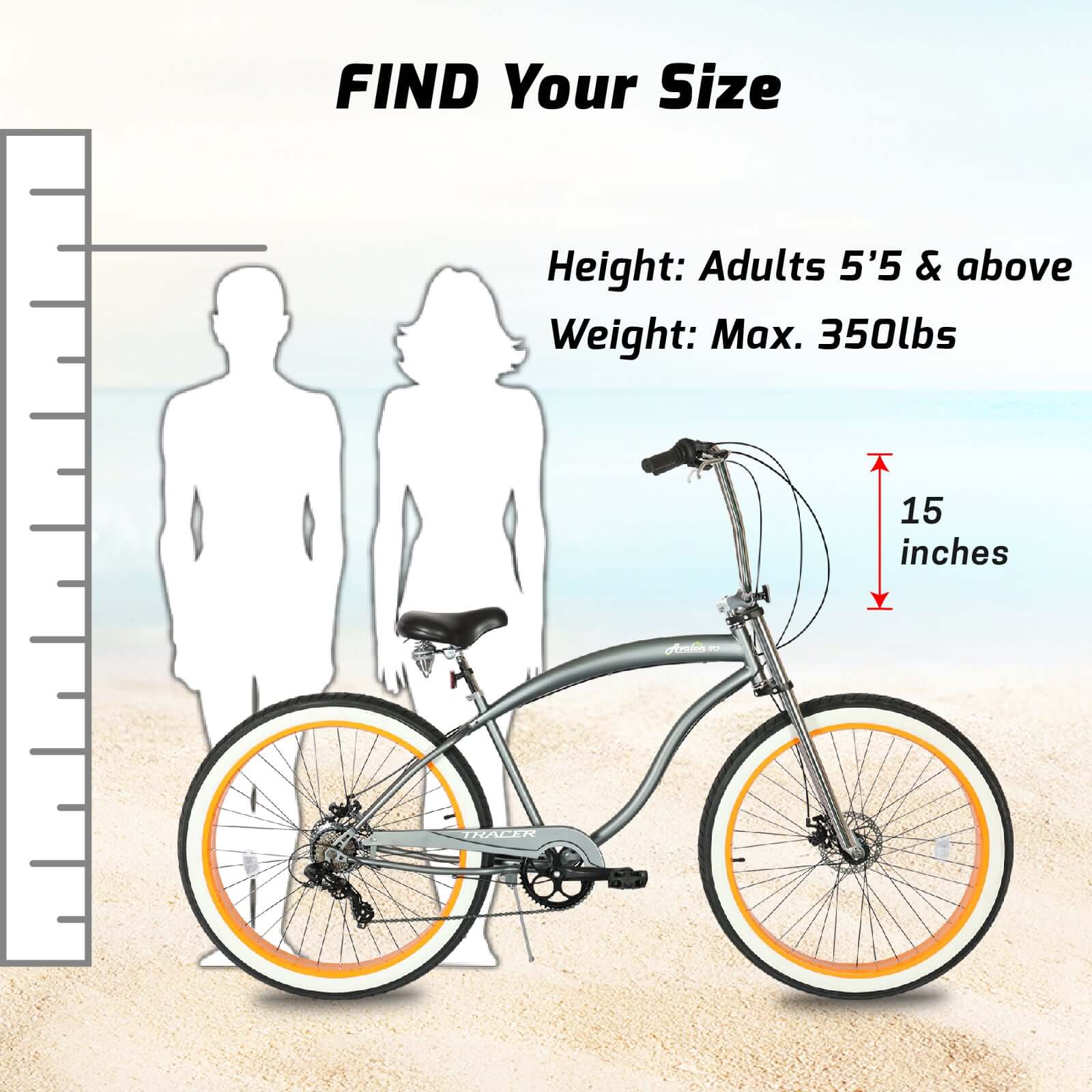 Tracer Avalon GT 29'' Fat Tire stretch Beach Cruiser Bike 1-Speed/7-Speed's recommended rider height range for the bike.