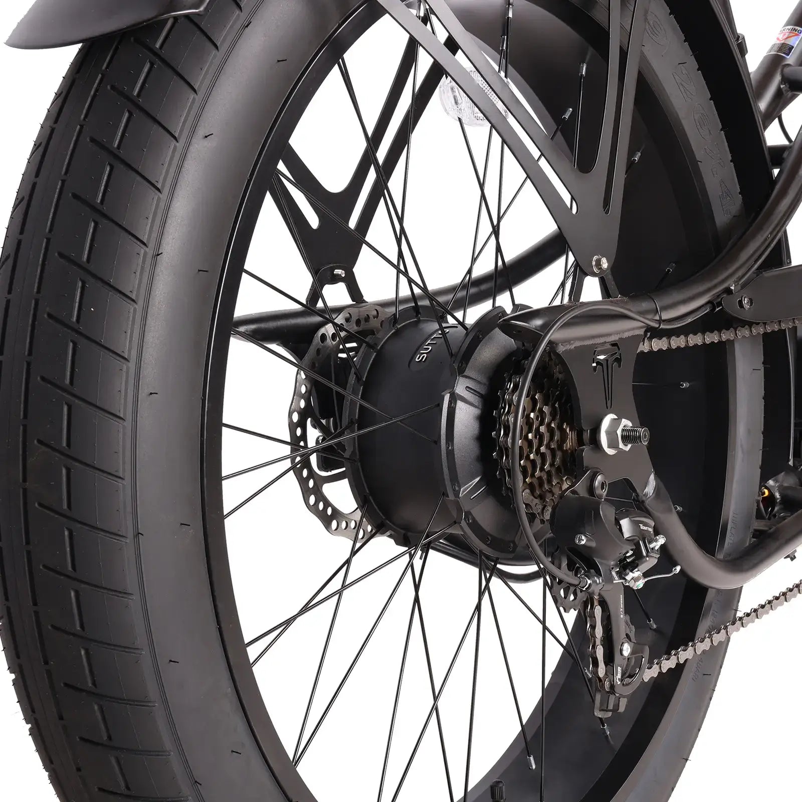 Close view of the black Legend GT7 1000W Stretch Cruiser Chopper Bike's fat tire, chainstays, and Rear Derailleur System