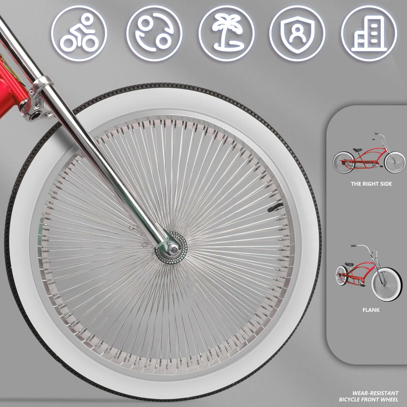 Tracer Beacon Pro 140H Stretch Cruiser Bike front wheel feature introduction.