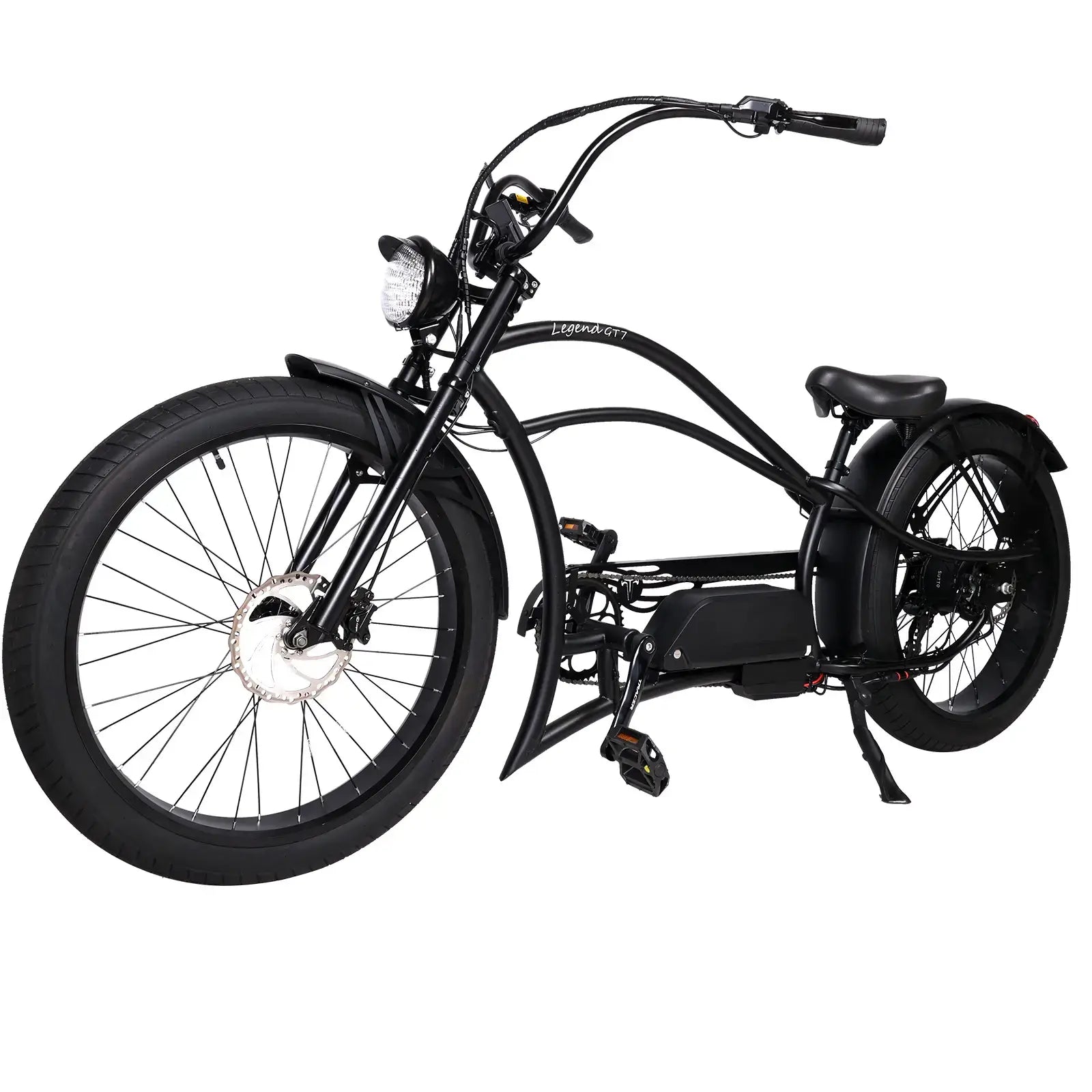 Front view of the Legend GT7 1000W Stretch Cruiser Chopper Bike, highlighting its fat tire and sleek frame.