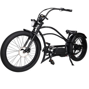 Front view of the Legend GT7 1000W Stretch Cruiser Chopper Bike, highlighting its fat tire and sleek frame.
