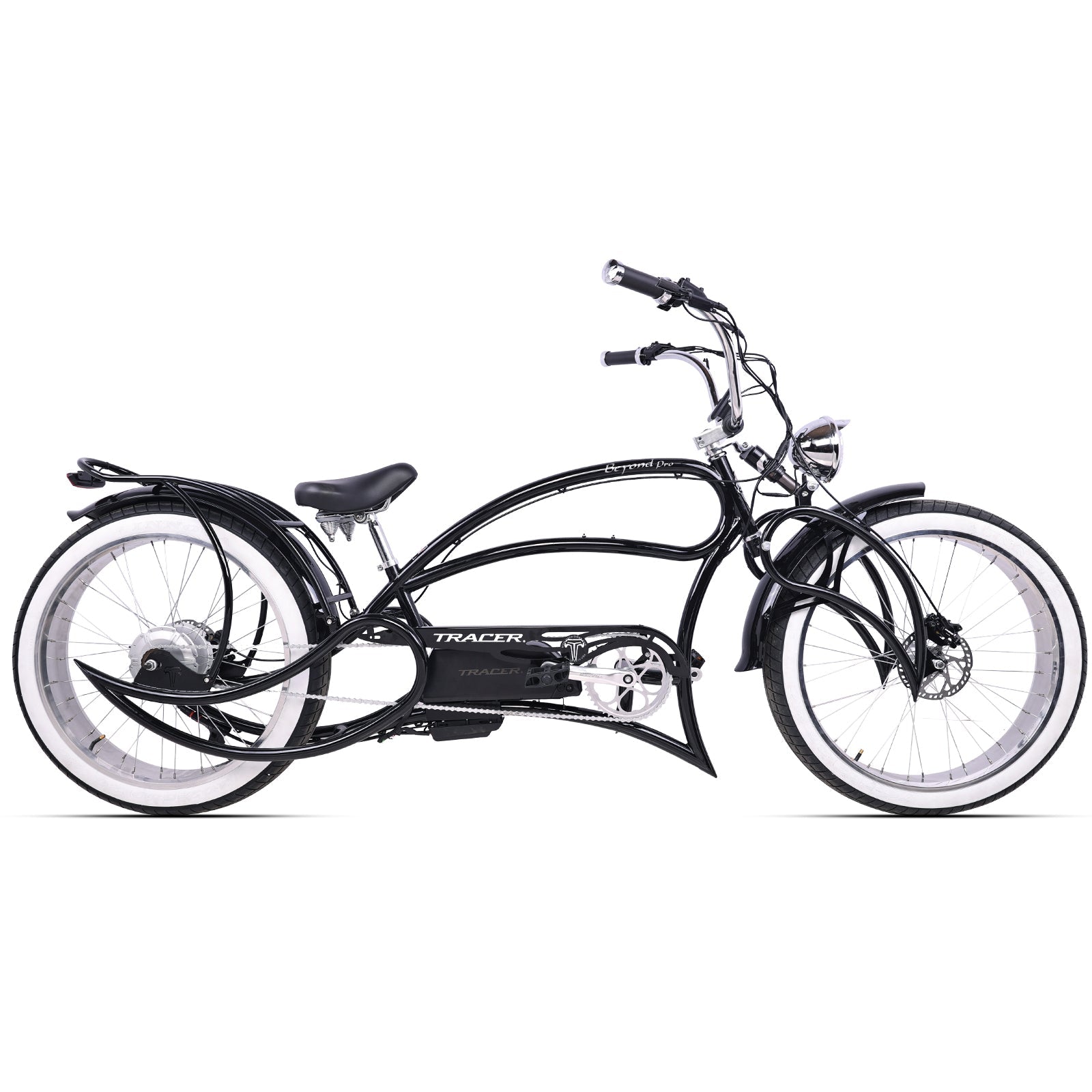 custom electric chopper bicycle Tracer Beyond Pro 26'' Classic Stretch Chopper EBike Matte Black/Black