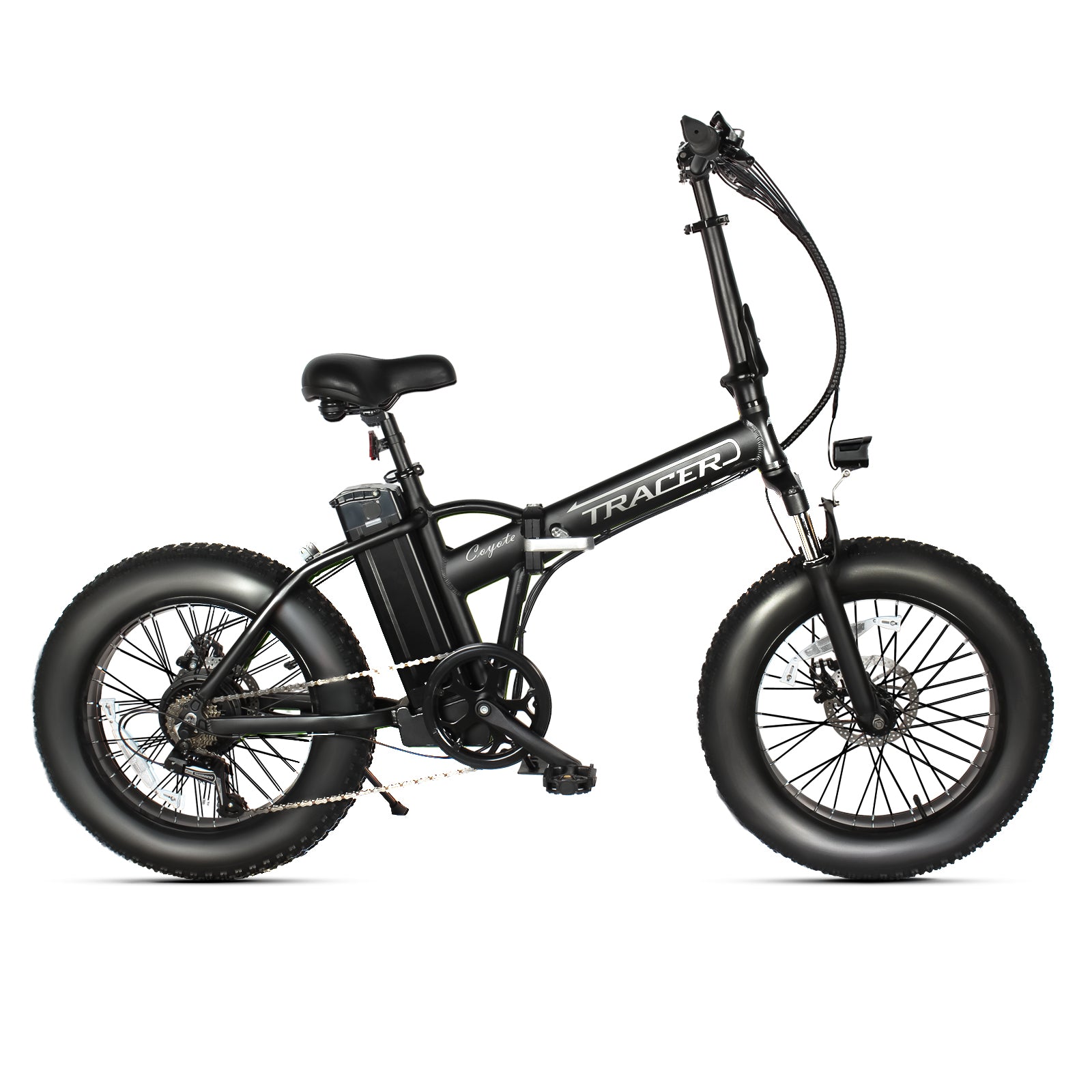 Tracer Coyote 20 Inch 500W Foldable Electric Bike,Shimano RD-TY21 GS 7 speed derailleur, 20''x 4'' fat tire with 160mm disc Brake - Tracer Bikes