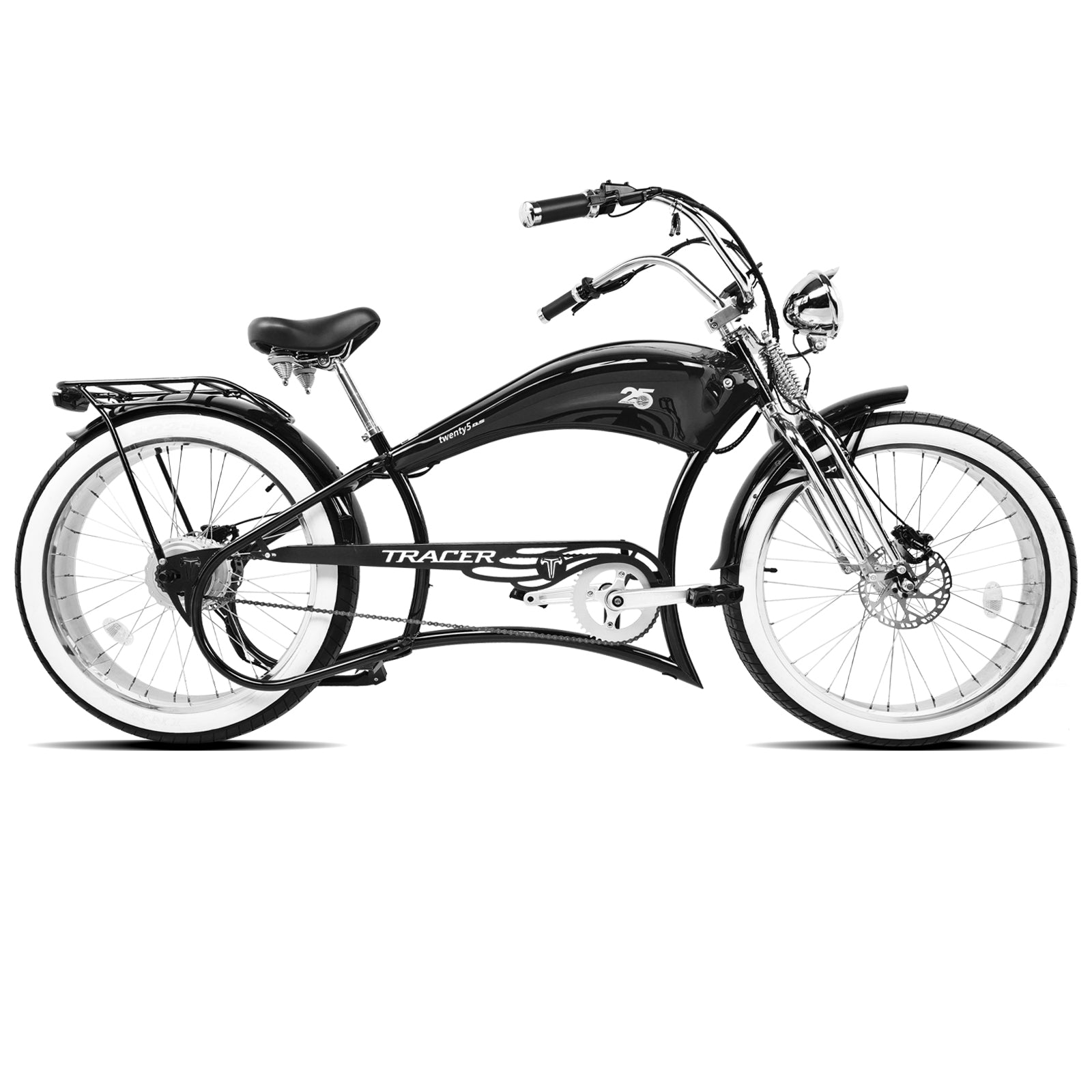 cruiser fahrrad e bike Tracer Twenty5 GTS Chopper Stretch Cruiser Ebike, 26" Wheels, 28mph, Up to 65mi, 800w Rear Hub Motor, Disc Brake, for Men, Black