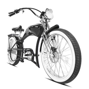 Front view of the black Twenty5 800W Chopper Stretch cruiser ebike showing the handlebar and front wheel. 