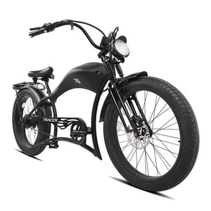 Front view of the black Twenty5 800W Chopper Stretch cruiser ebike showing the handlebar and front wheel. 