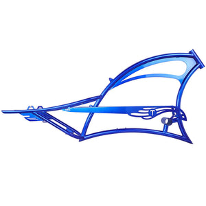 Tracer SCORPION blue stretch chopper cruiser steel frame, designed for oversized tires and smooth rides.
