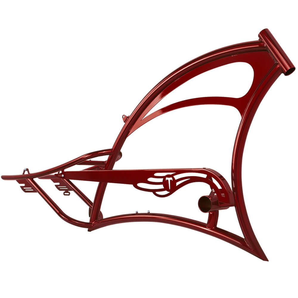 Tracer FM-SCORPION 26" chopper cruiser steel frame in red, showcasing sleek design for disc brake and coaster brake systems.